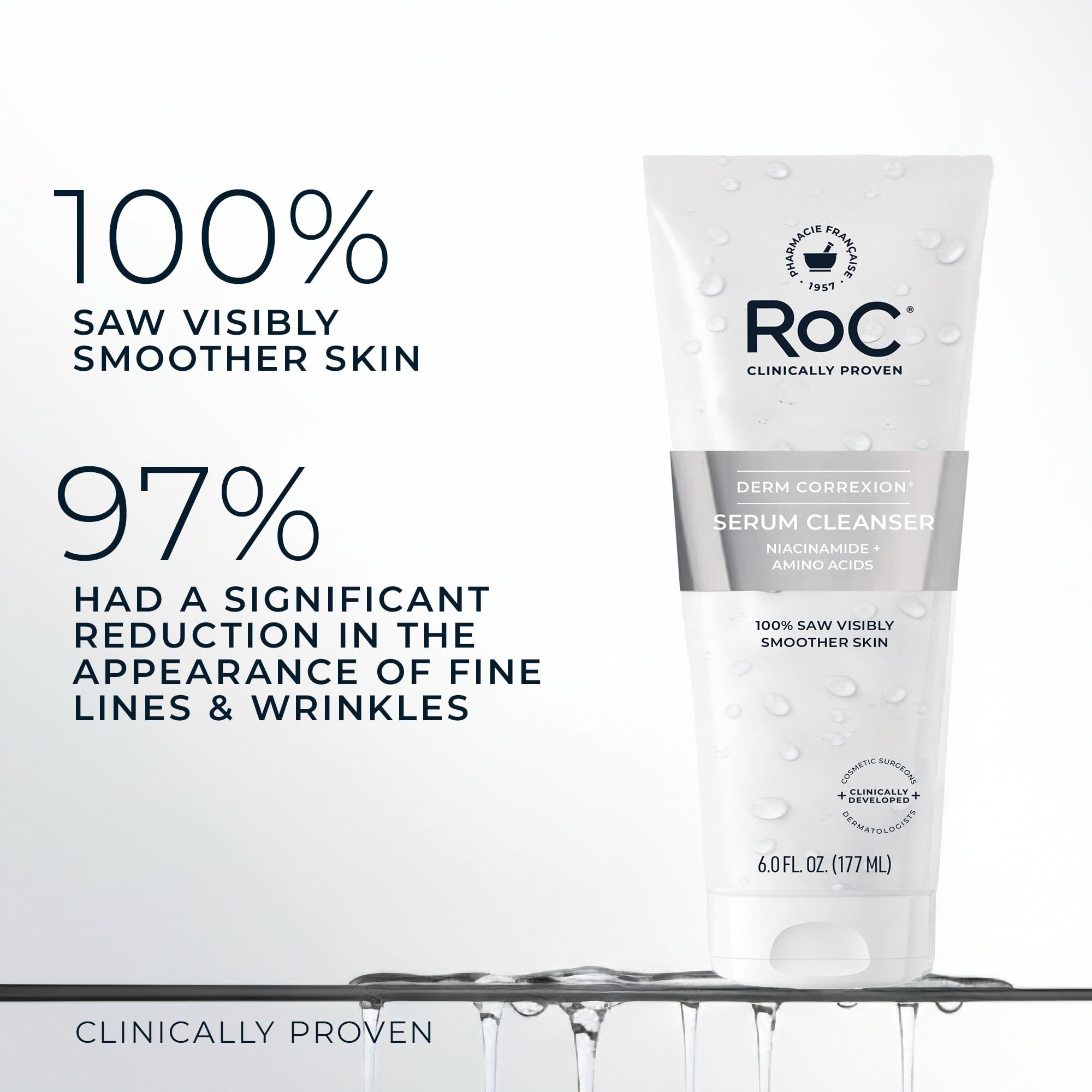 RoC Derm Correxion serum facial cleanser with niacinamide and amino acids, showing a sleek bottle and pump dispenser.