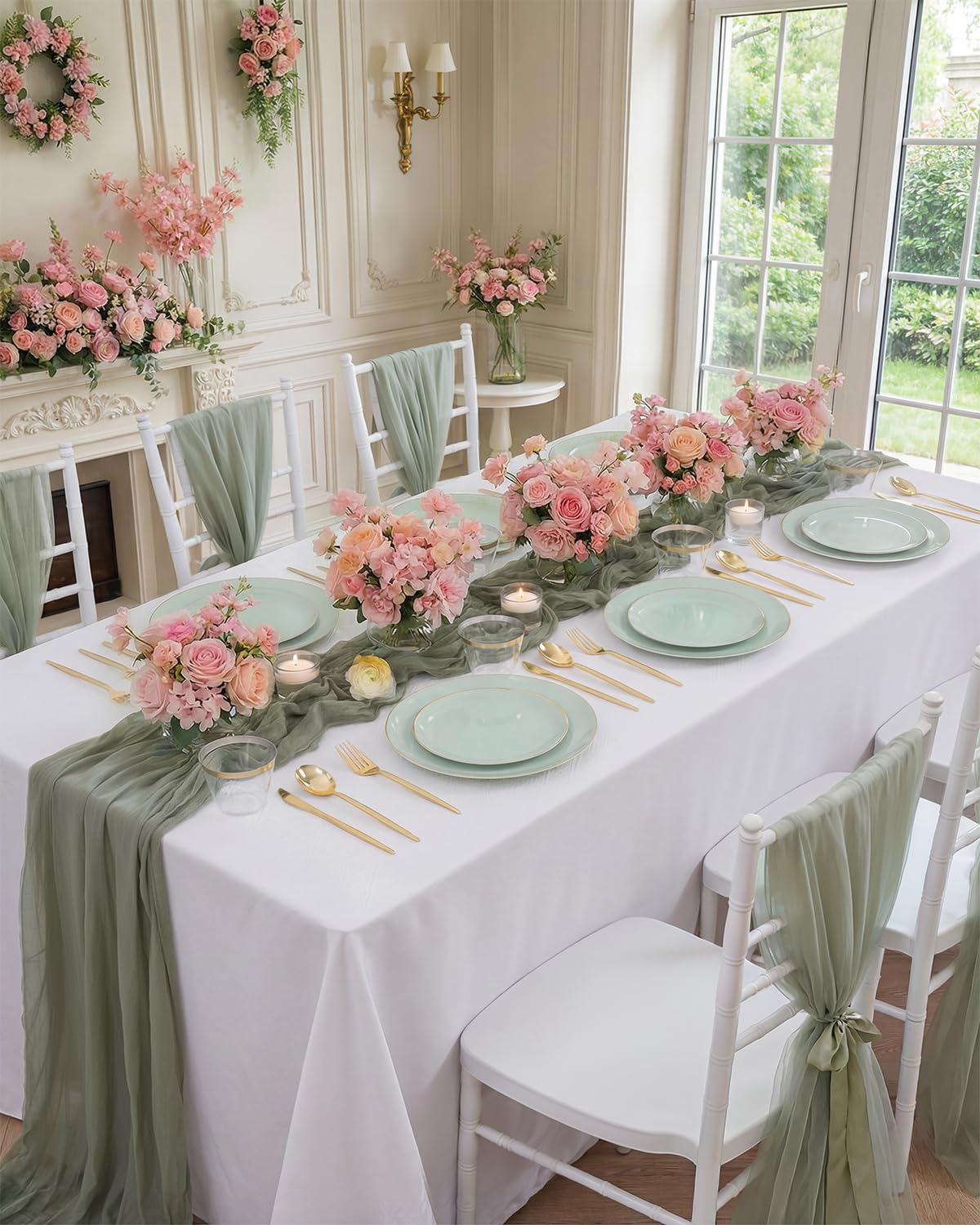 bUCLA 150PCS Green Plastic Plates - Sage Green with Gold Rim Disposable - Include 25 (Dinner & Dessert) Plates, 25 Knive