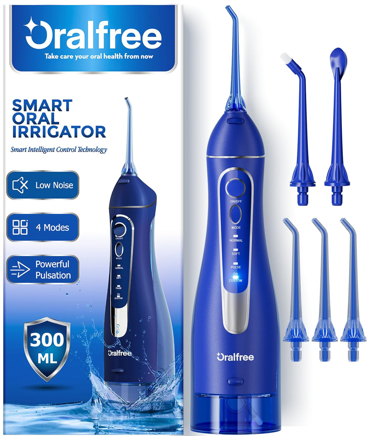 Oralfree Water Dental Flosser Cordless for Teeth Cleaning - 4 Modes Oral Irrigator 300ML Braces Flossers Cleaner, Rechar
