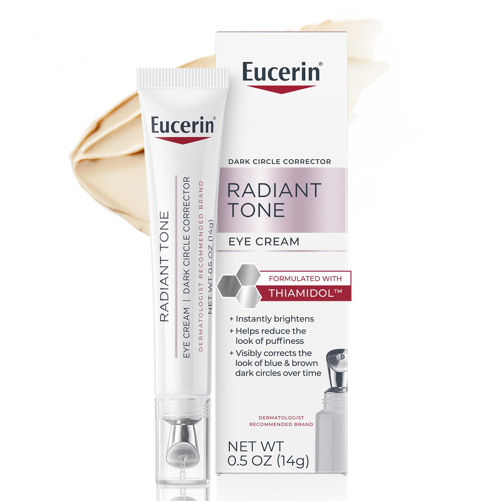 Eucerin Radiant Tone eye cream in a 0.5 oz tube, brightening formula with hyaluronic acid to reduce dark circles and puffiness.