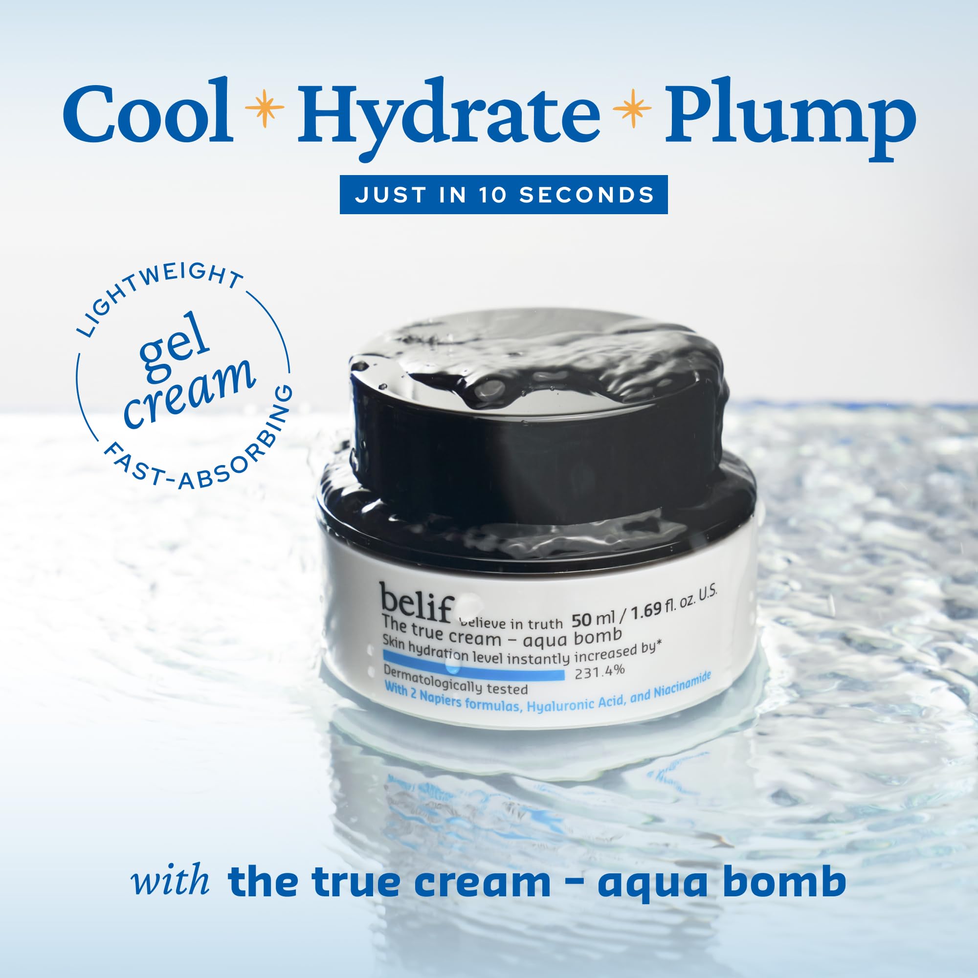 belif Aqua Bomb Niacinamide moisturizer jar showing smooth, hydrating cream for glowing skin, 50ml K-Beauty skincare product