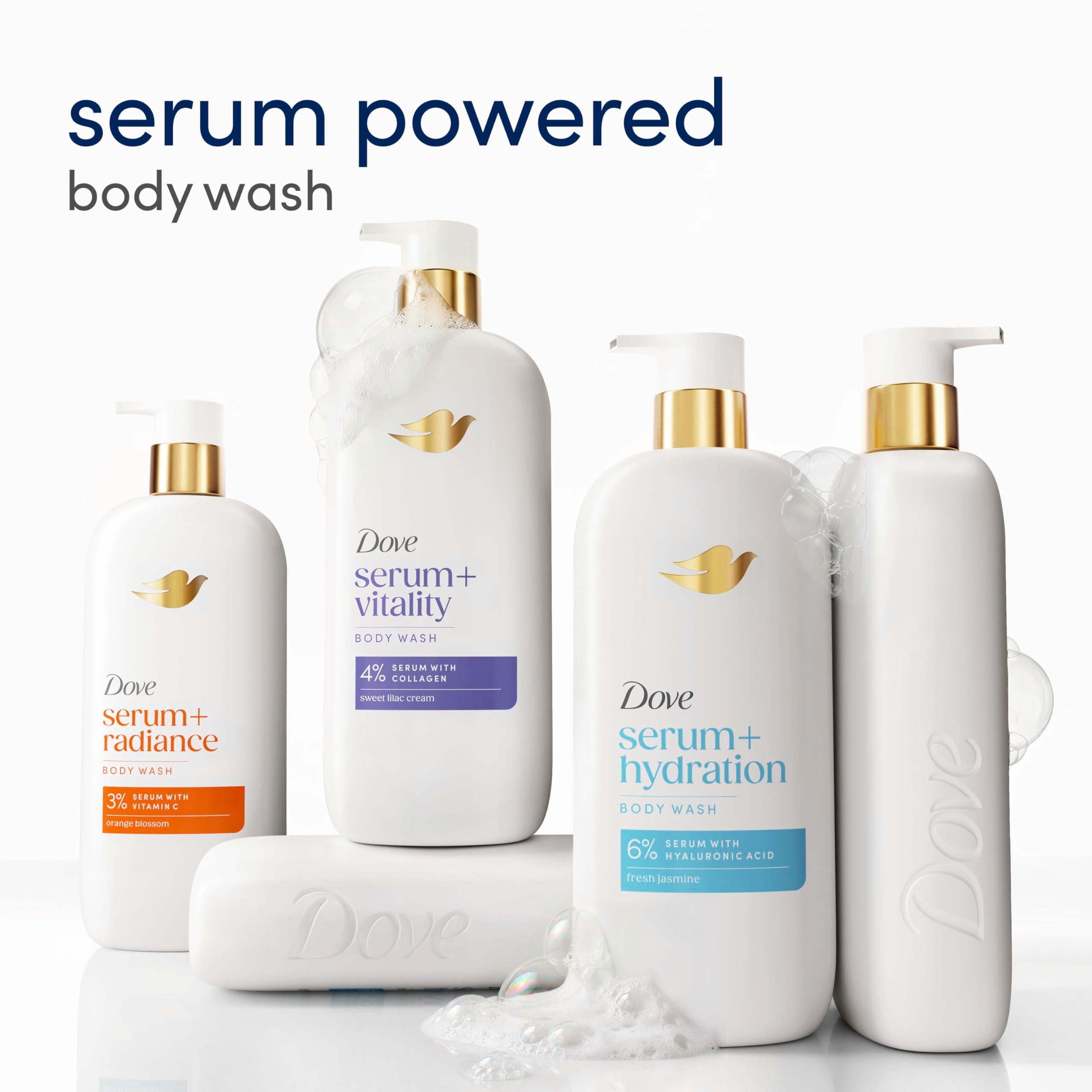 Dove Acne Clear Serum Body Wash in 18.5 oz bottle with salicylic acid for clear, clean skin and body cleansing.