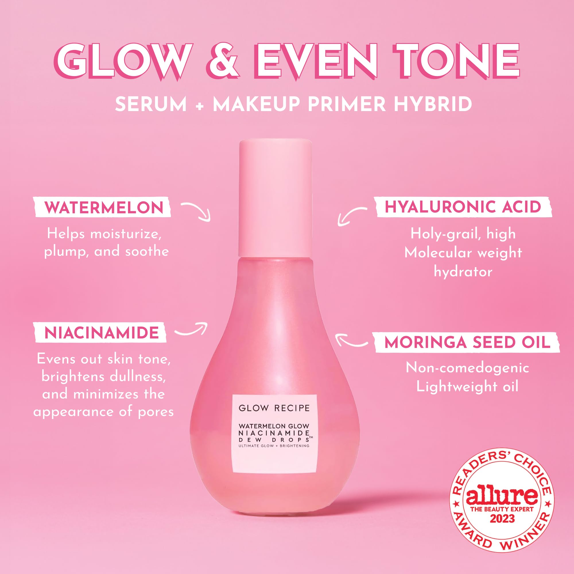 Glow Recipe Watermelon Niacinamide Dew Drops skin serum in a clear 80ml bottle with a pink cap, featuring a watermelon-themed label.