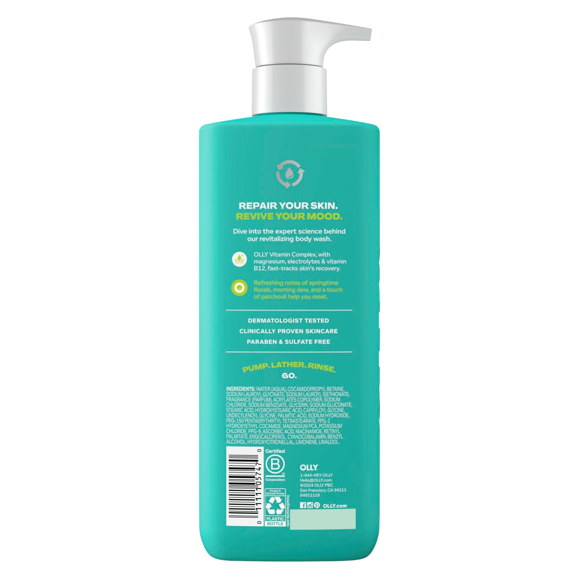 OLLY Revive Body Wash with magnesium, electrolytes, and vitamin B12 in a 17 oz bottle, designed for skin cleansing and refreshment.