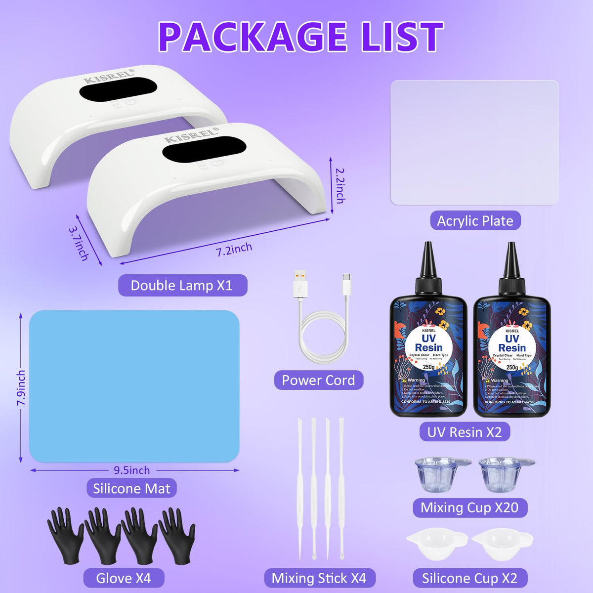 KISREL UV Resin Kit with Light, 500g Hard UV Resin with Double-Sided Light – back view and specifications
