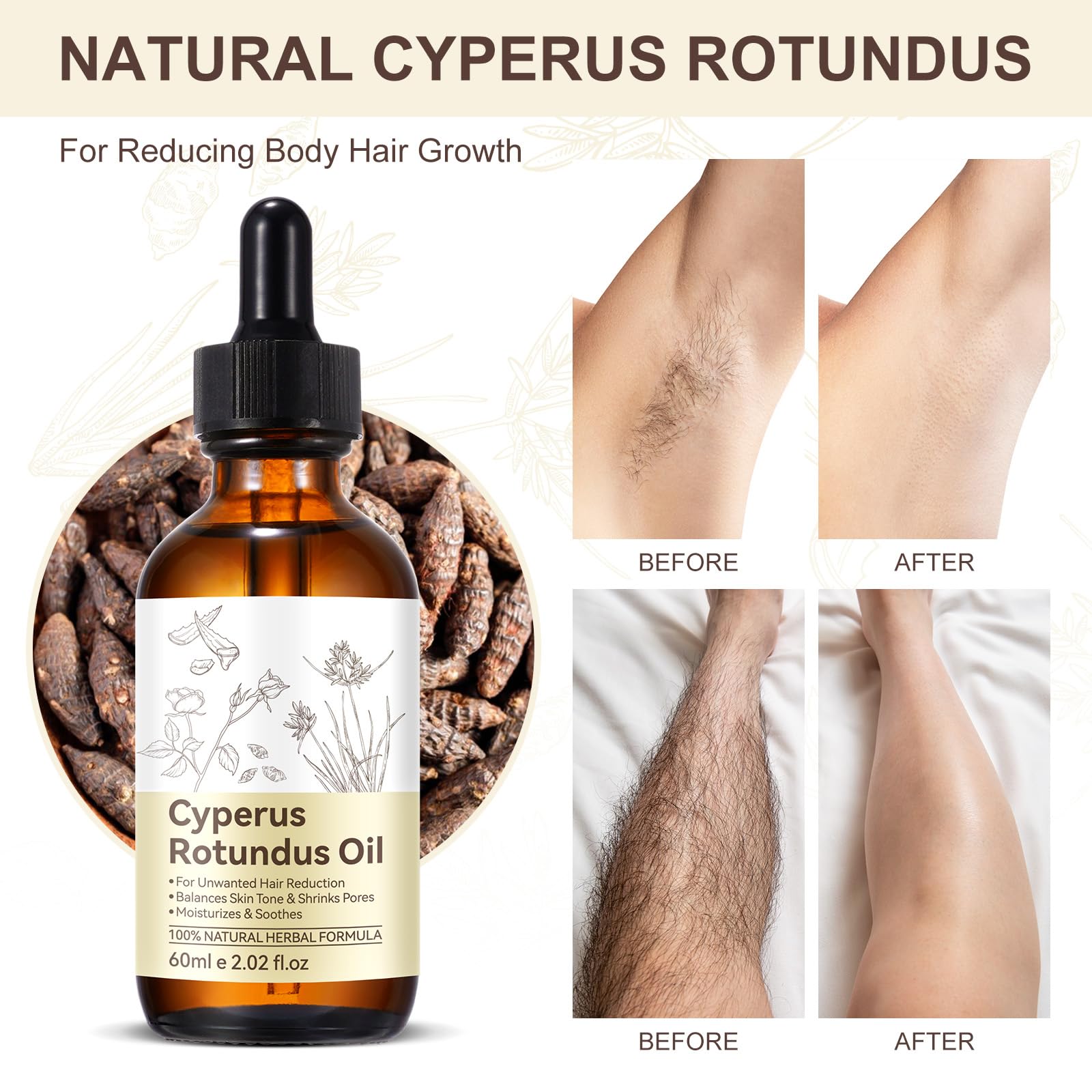 Cyperus Rotundus Oil 2 Pack, Cyprus Oil for Hair Removal, Natural Soothing and Gentle, Reducing Body Hair Growth, Smooth Skin & Hair Removal, 2.02 Fl Oz