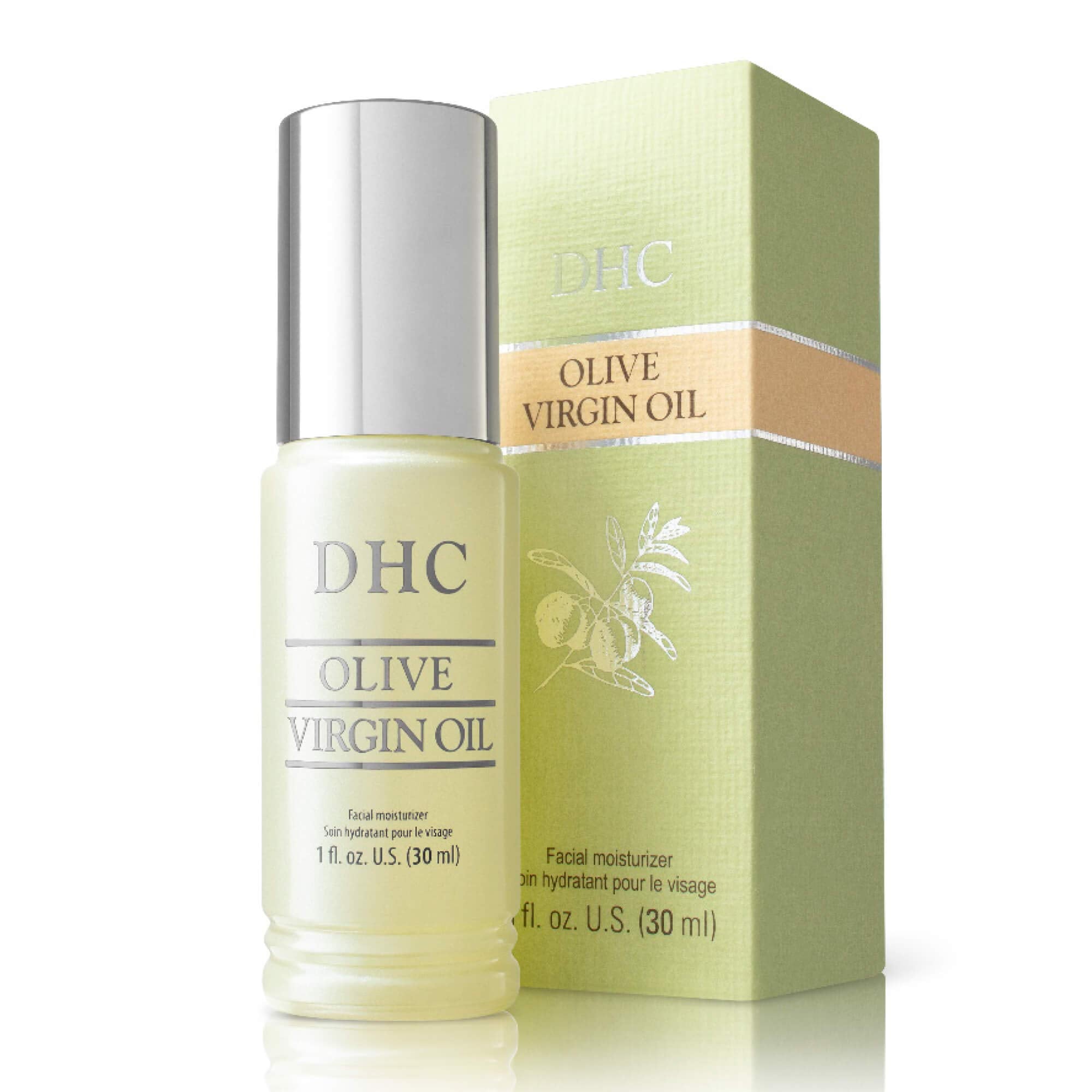 DHC Olive Virgin Oil moisturizing face oil for dry skin in a 1 oz bottle, natural skincare product for nourishing and hydrating skin