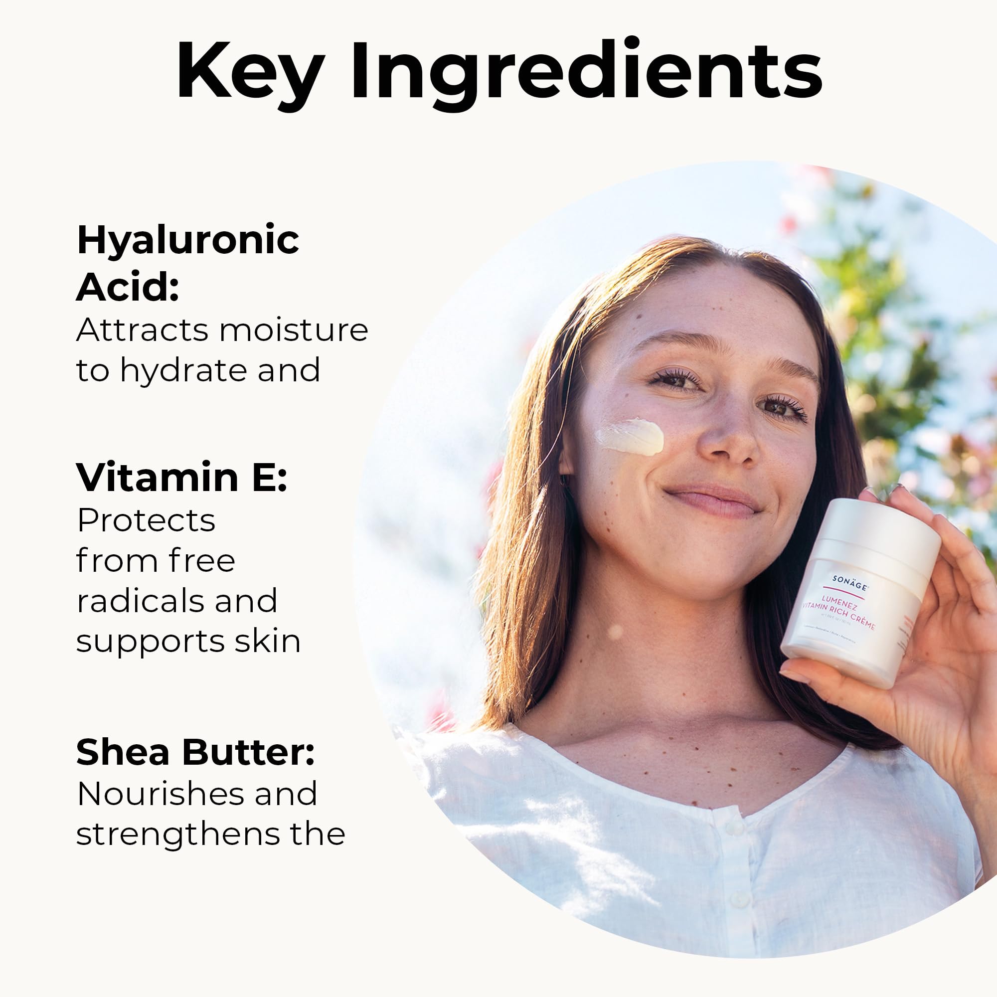 SONAGE Lumenez Vitamin C and E face moisturizer for dry skin, 50 ml, with a creamy texture and brightening ingredients.