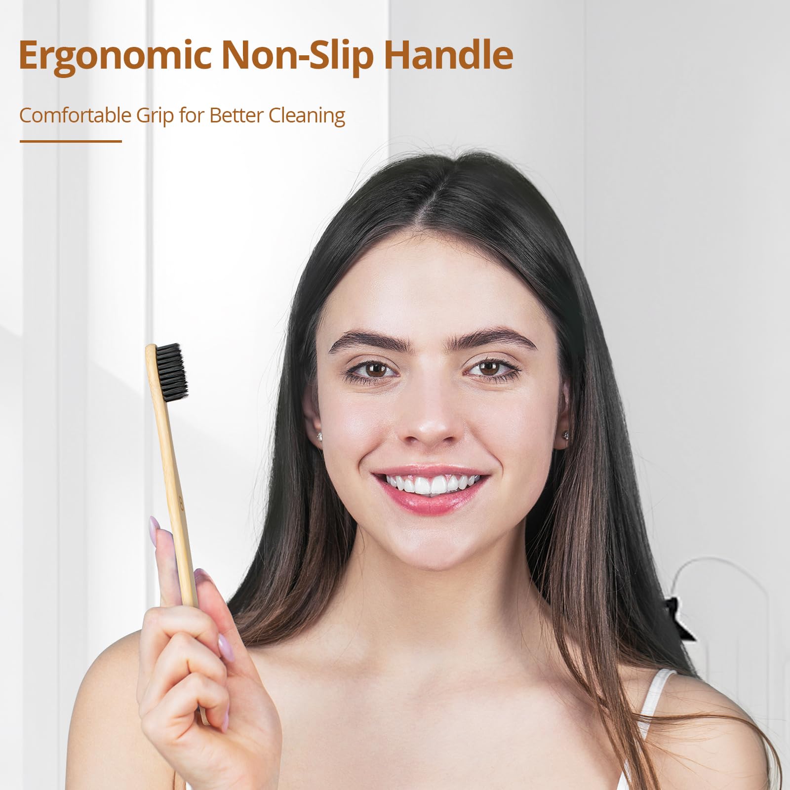 Virgin Forest bamboo toothbrush 10-pack with soft bristles, BPA-free eco-friendly toothbrushes, natural bamboo handle.