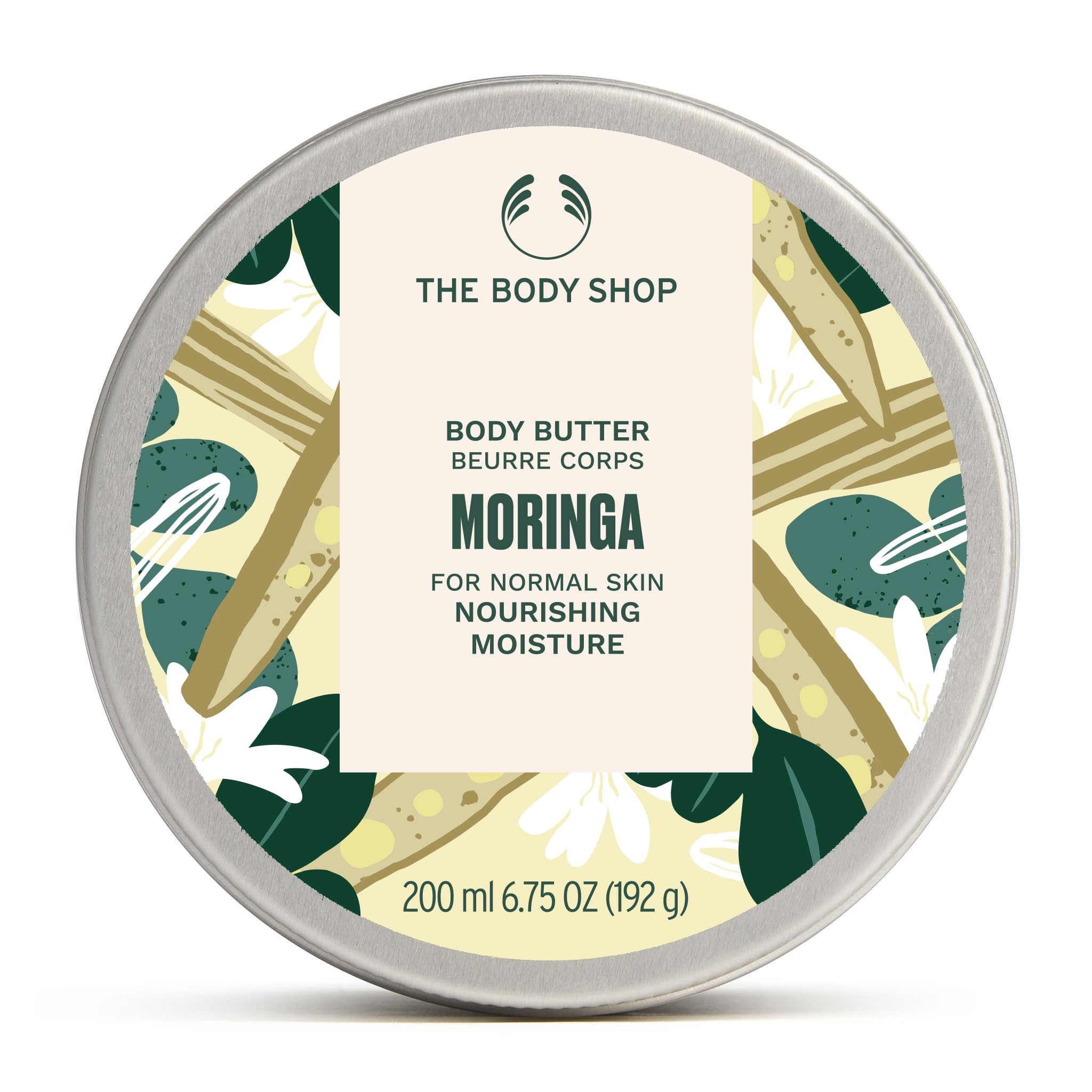 The Body Shop Moringa Body Butter in a 6.75 oz jar, creamy moisturizer with floral scent, smooth and nourishing for skin.
