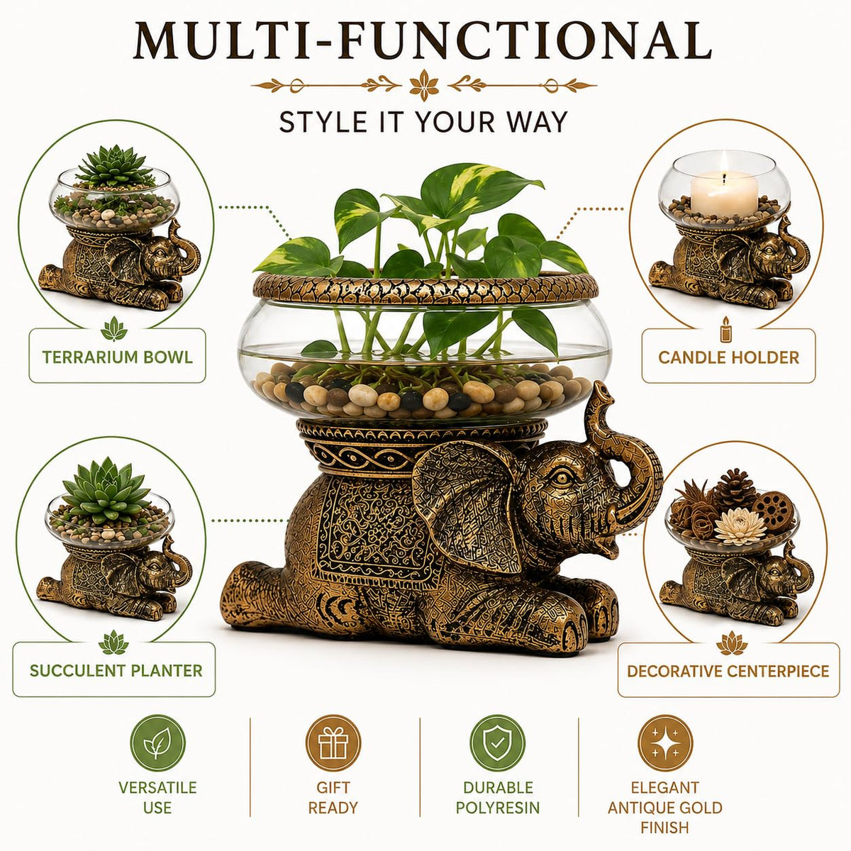 THE NIFTY NOOK Elephant Decorative Bowl with Removable Glass Vessel, Antique Gold Finish, Tabletop Plant Display, Gift B