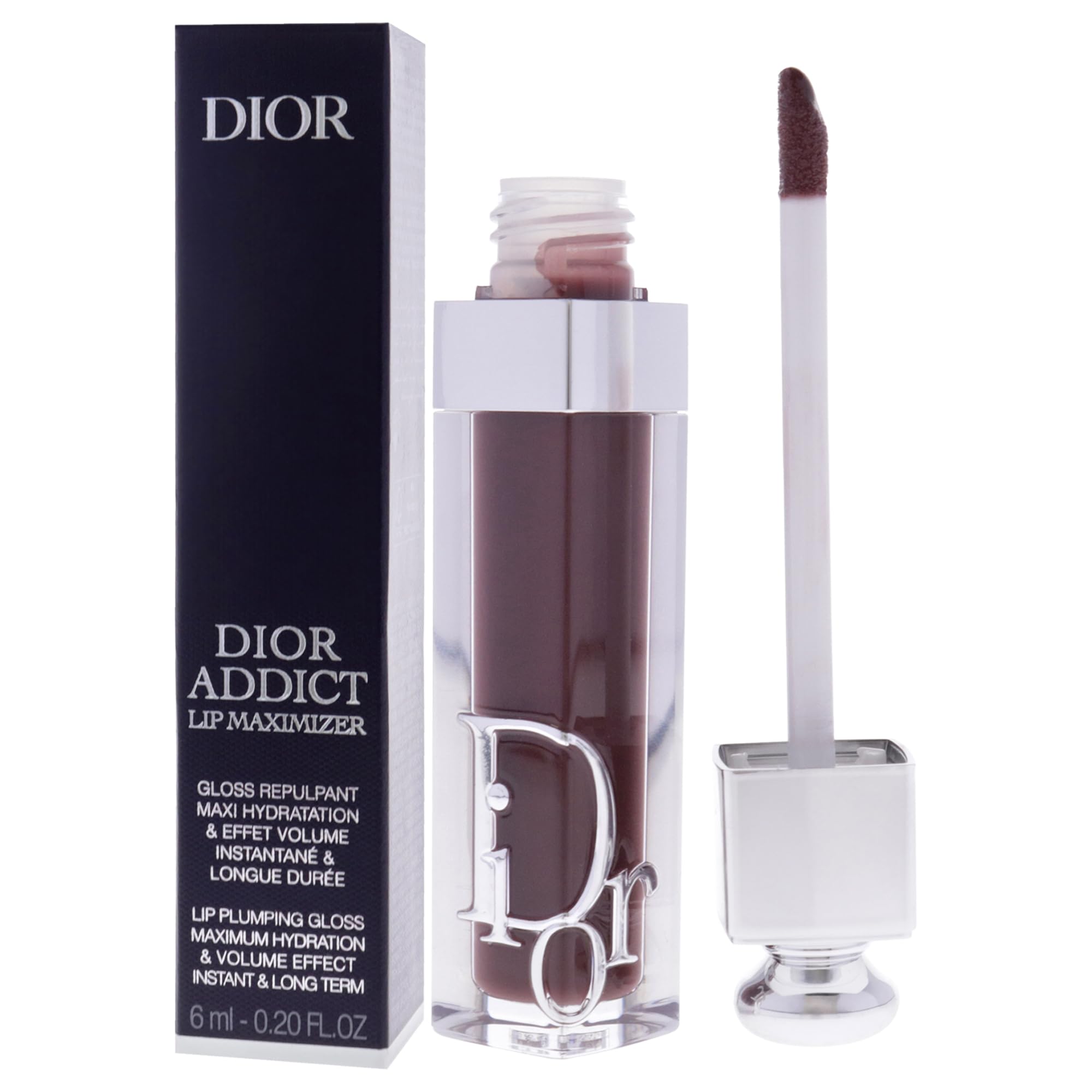 Dior Addict Lip Maximizer 020 Mahogany lip color in 0.2 oz tube, glossy finish, natural look, showcasing the lip gloss product.