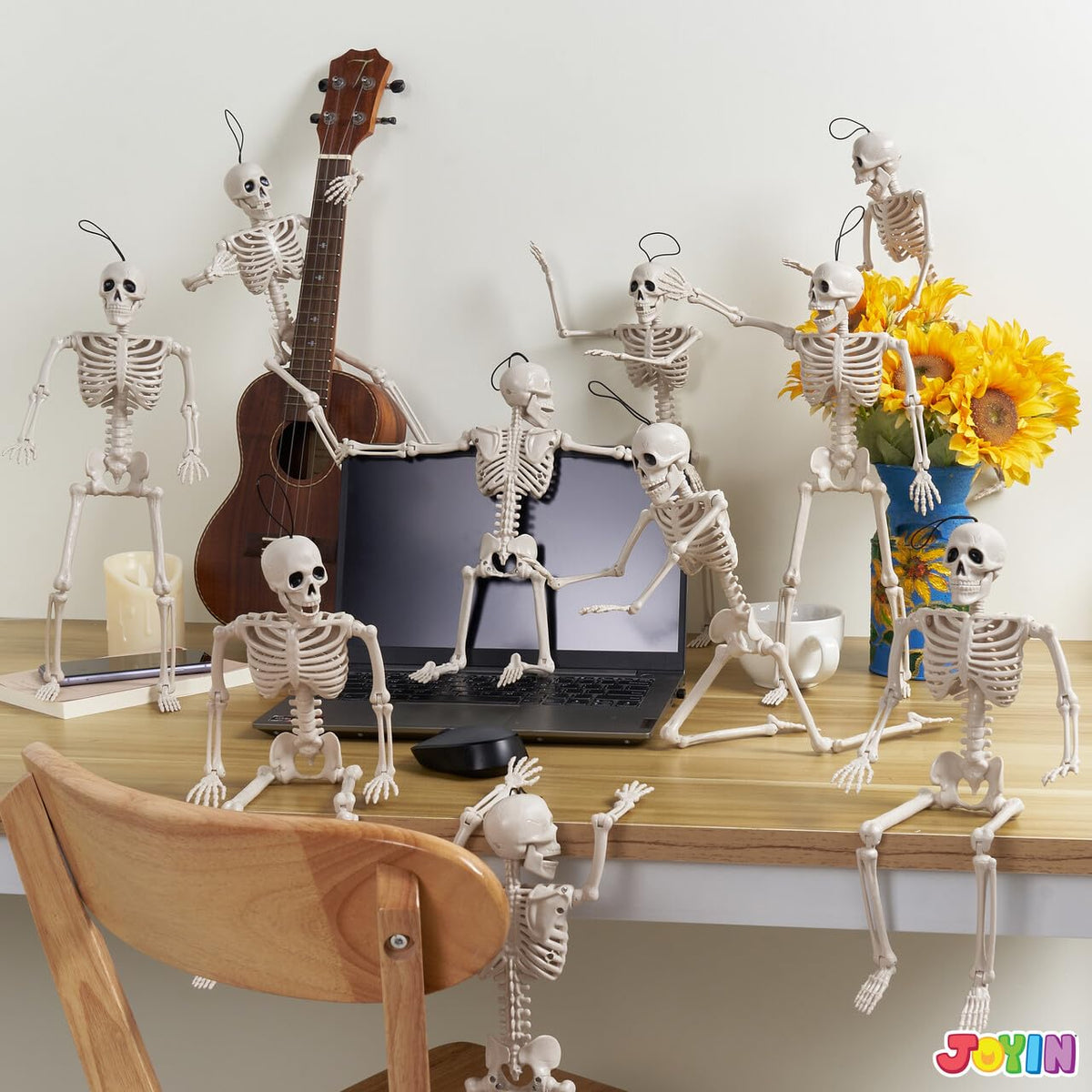 JOYIN 5 PCS Posable Halloween Skeleton Decor 16 Inches, Full Body Posable Joints Hanging Skeletons for Halloween Decorat