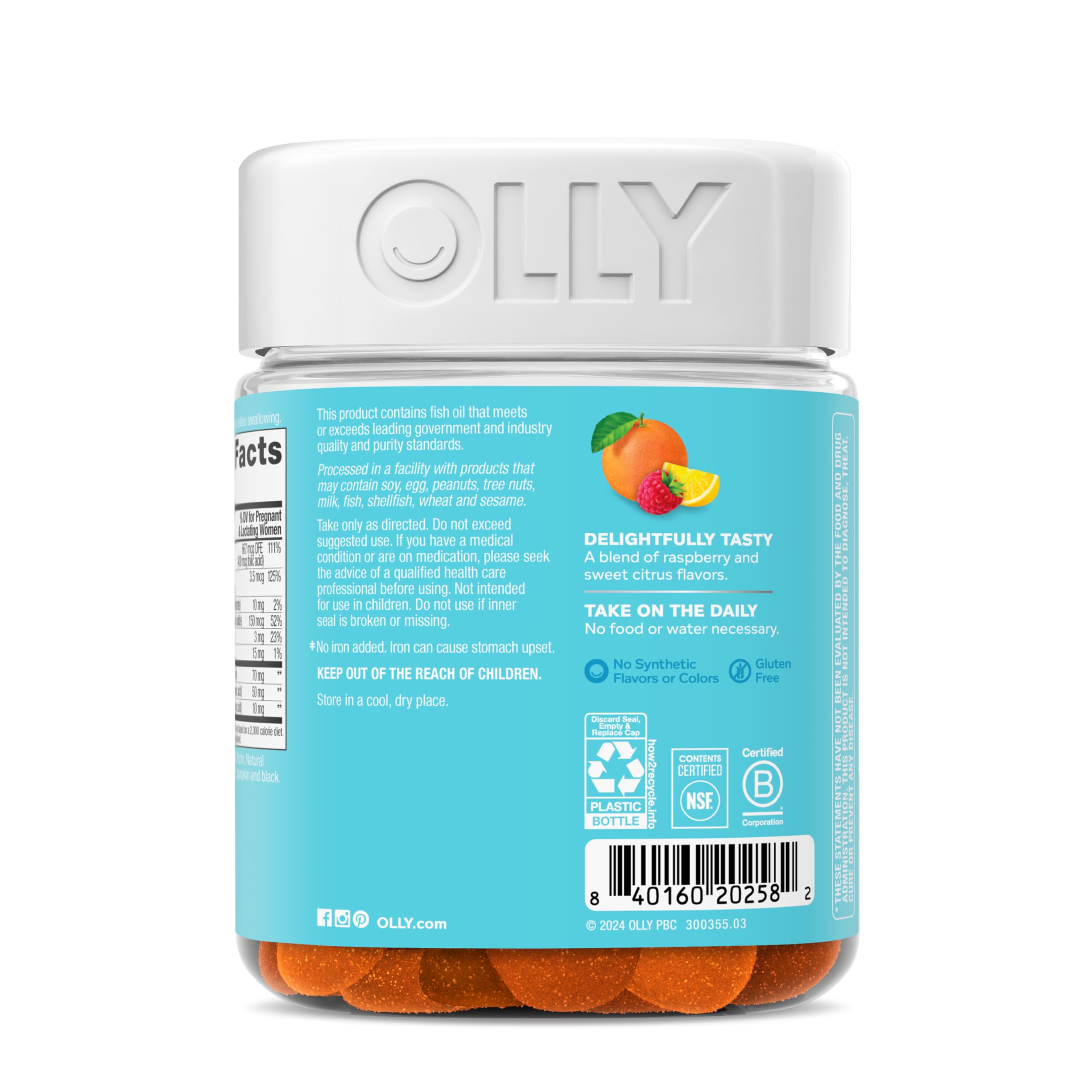 OLLY Prenatal Multivitamin Gummy bottle with 84 gummies, featuring colorful fruit-flavored prenatal vitamins for moms and babies.