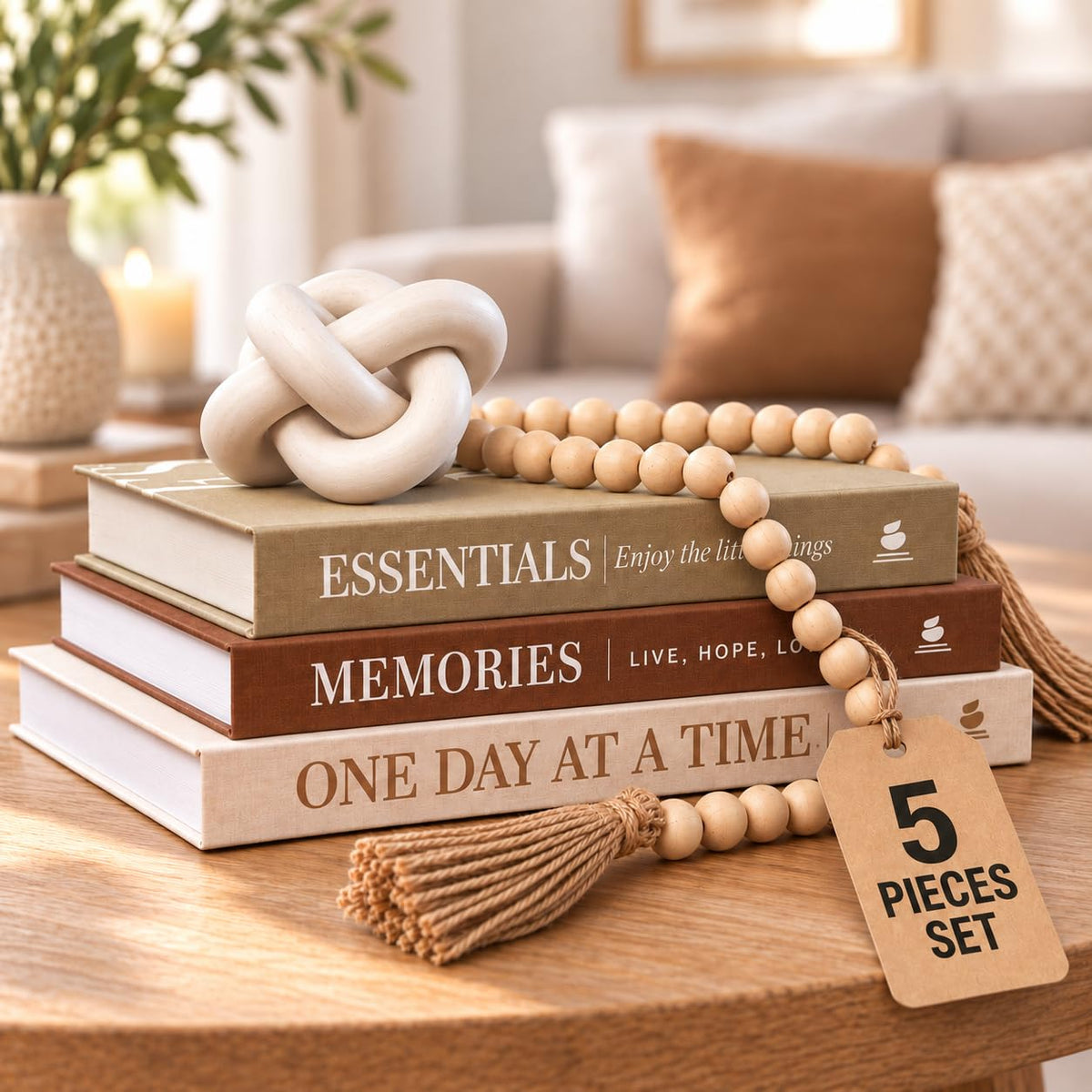 JULZEN 5Pcs Set: 3 Linen Decorative Books for Home Decor, Wood Knot & Bead Garland – product photo (Decorative Boxes)