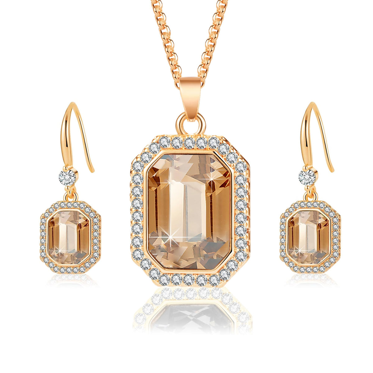 EVEVIC Austrian Crystal Halo Octagon Pendant Necklaces Earrings Set for Women 14K Gold Plated Fashion Dainty Hypoallerge