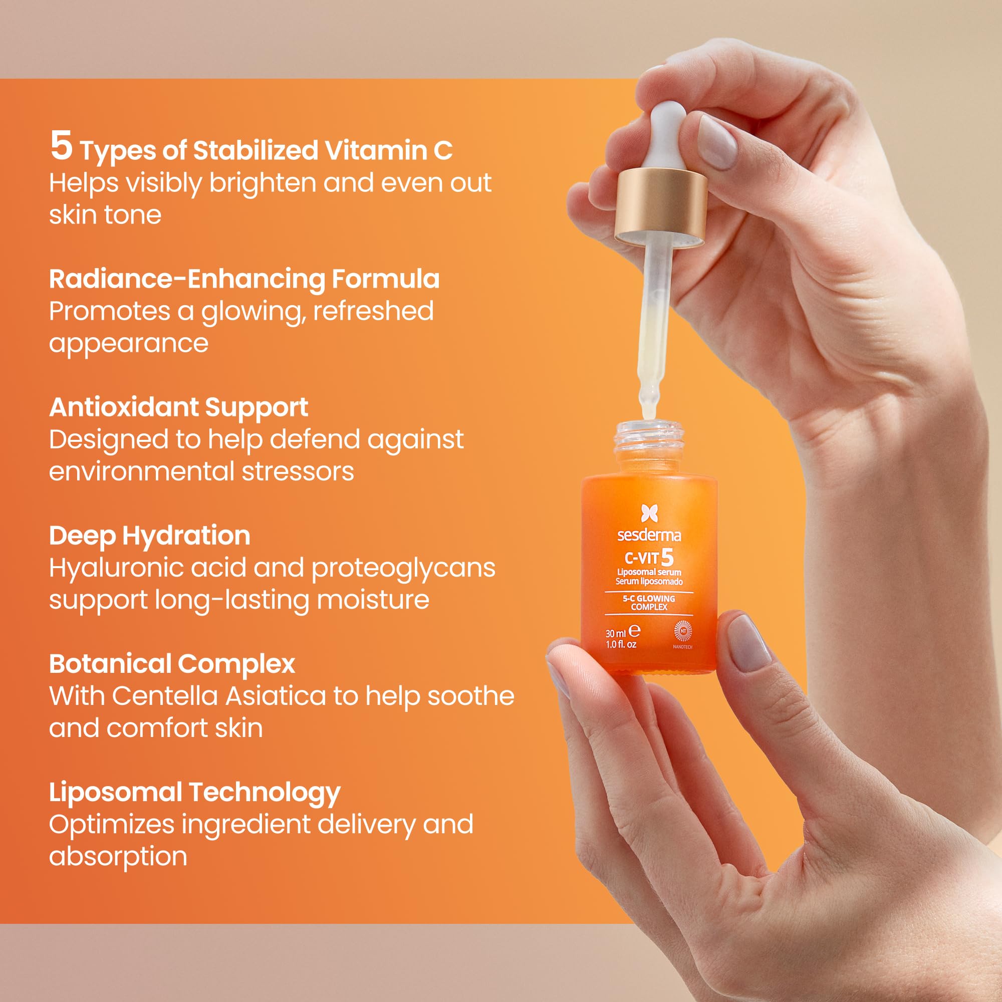 Sesderma C-VIT 5 Fusion Vitamin C serum in a glass bottle, showcasing bright orange liquid and dropper applicator.