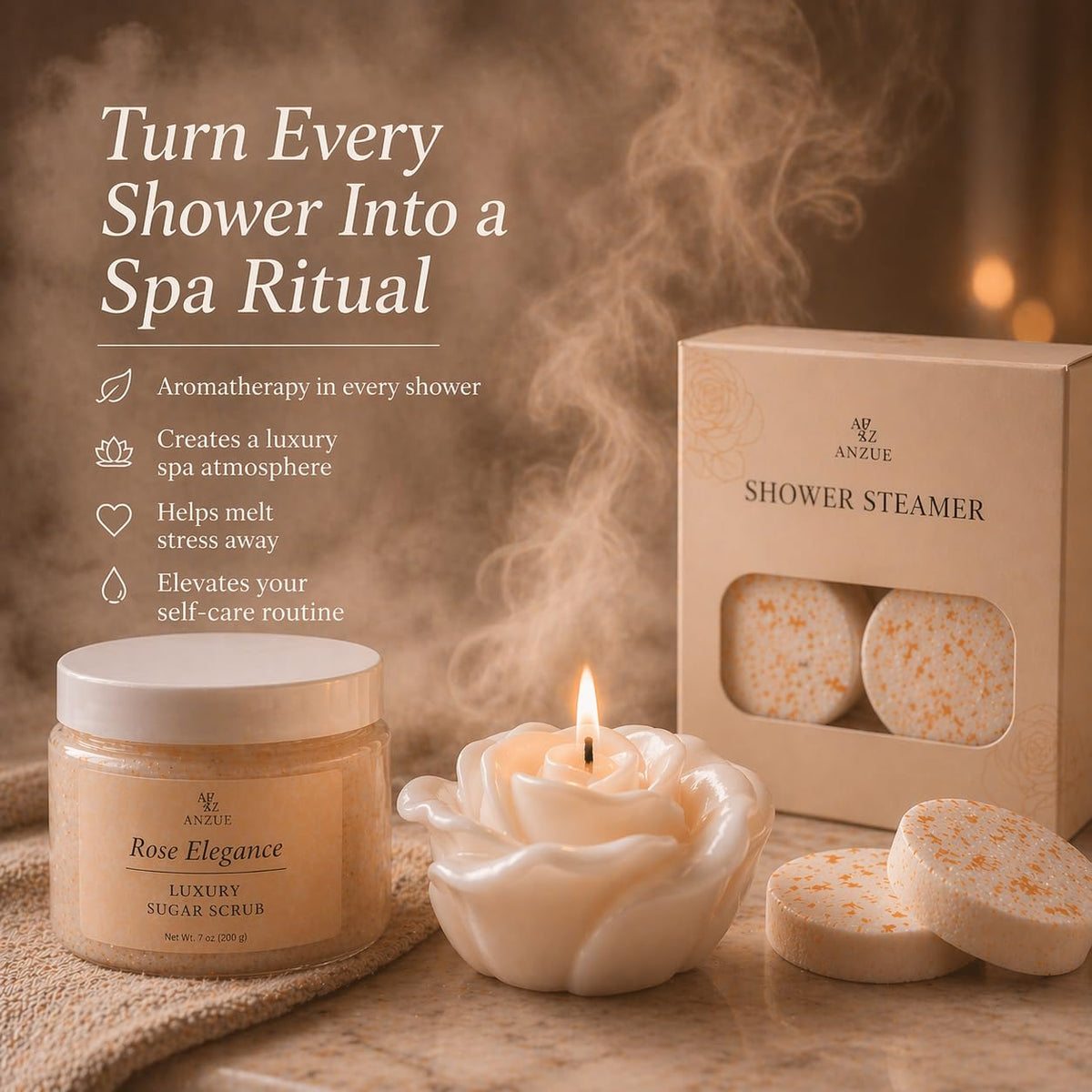 ANZUE Rose Spa Gift Set for Women – Shower Spa Gifts, Self Care Gift Basket, Candle, Body Scrub, Shower Steamers, Lip Ba
