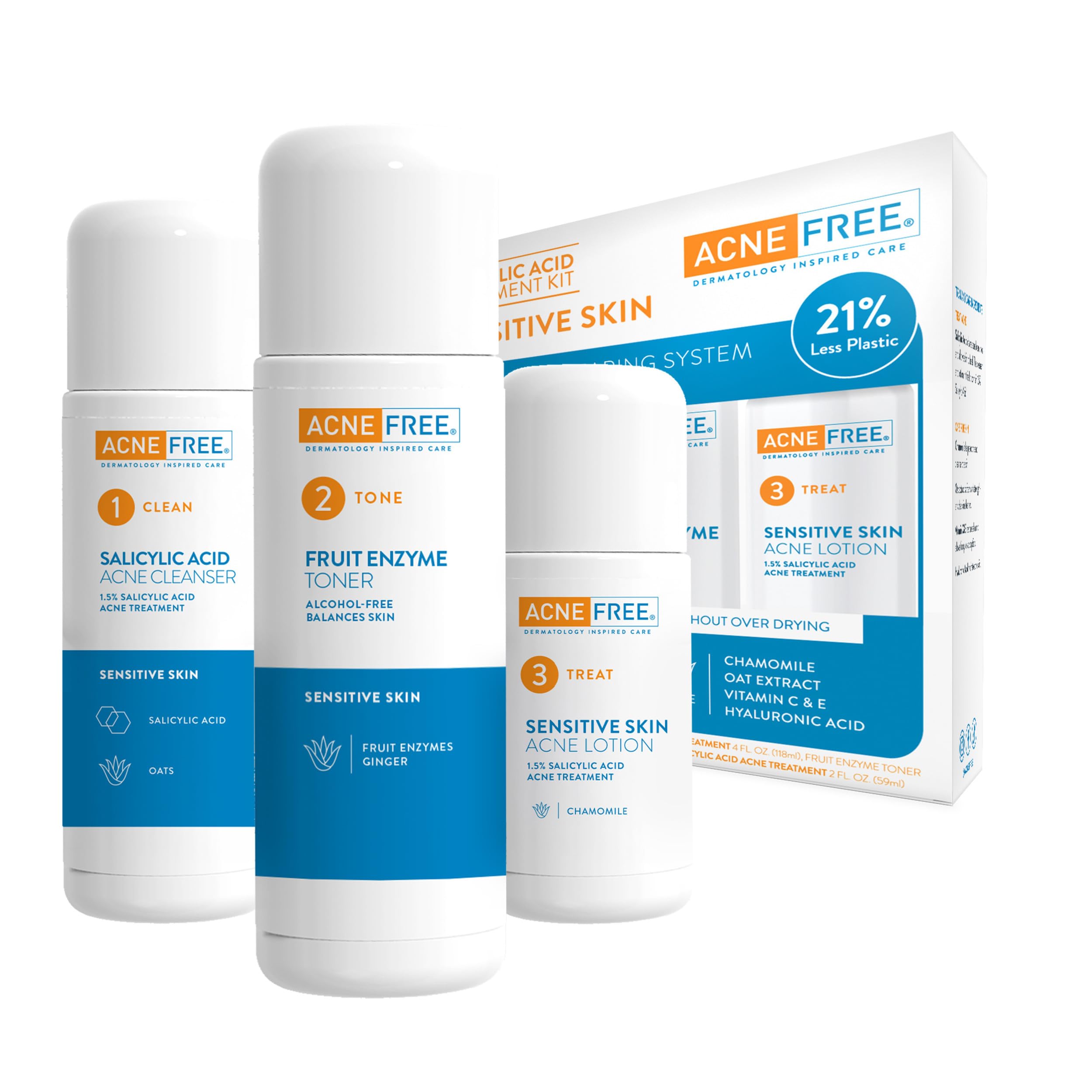 AcneFree Sensitive Skin 24Hr Acne Clearing System Kit featuring gentle astringent substance for clear, refreshed skin.