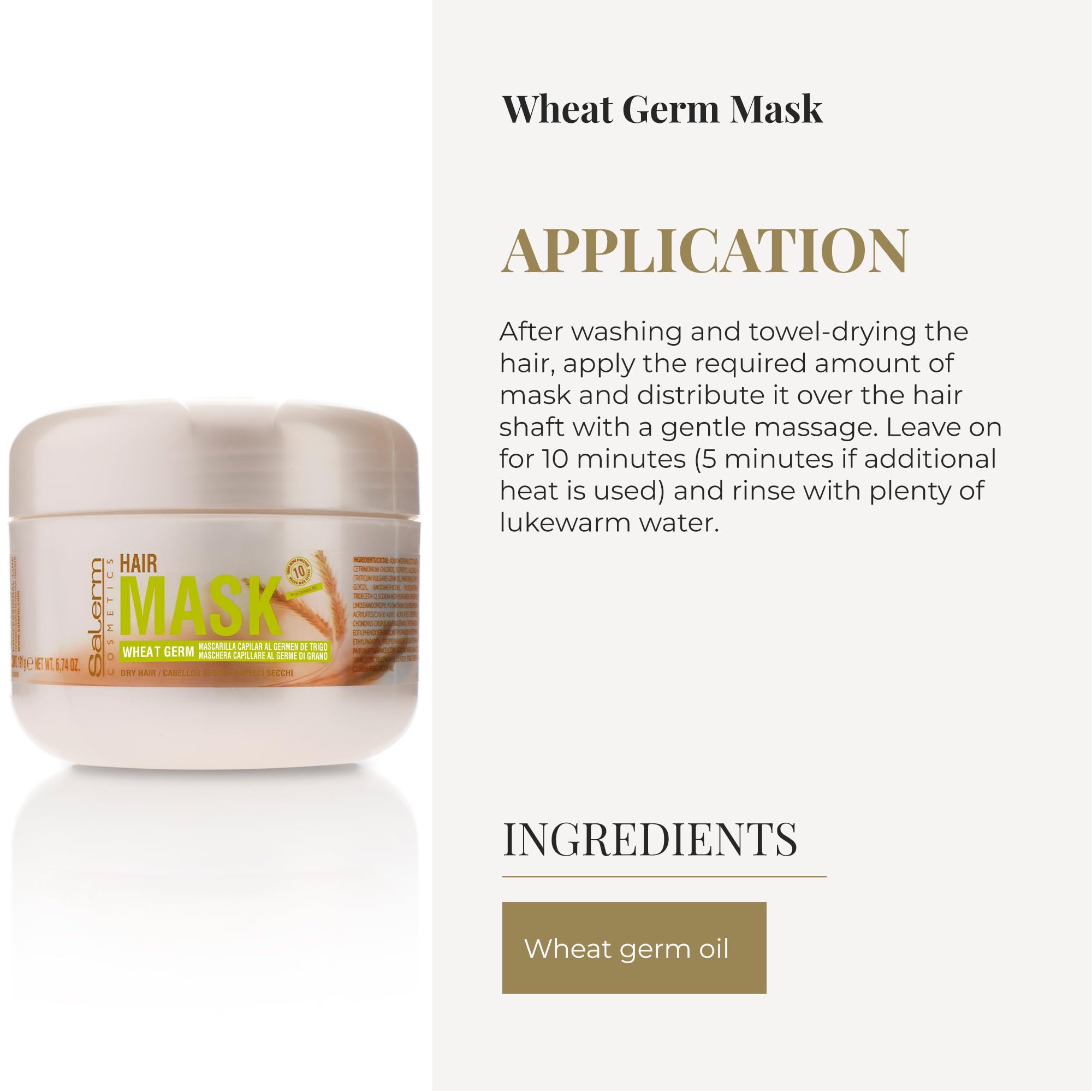 SALERM - Nourishing Hair Mask - 6.74 Oz - with Wheat Germ - for Dry and Damaged Hair - Deep Hair Hydration - Shine and Brightness - Hair Strengthening