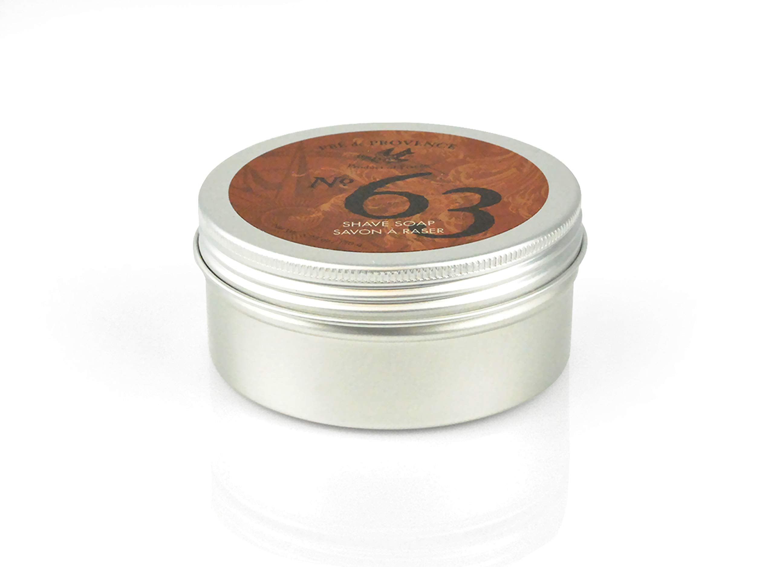 Pre de Provence No.63 men's shave soap in a tin, designed for a smooth shave and skin cleansing.