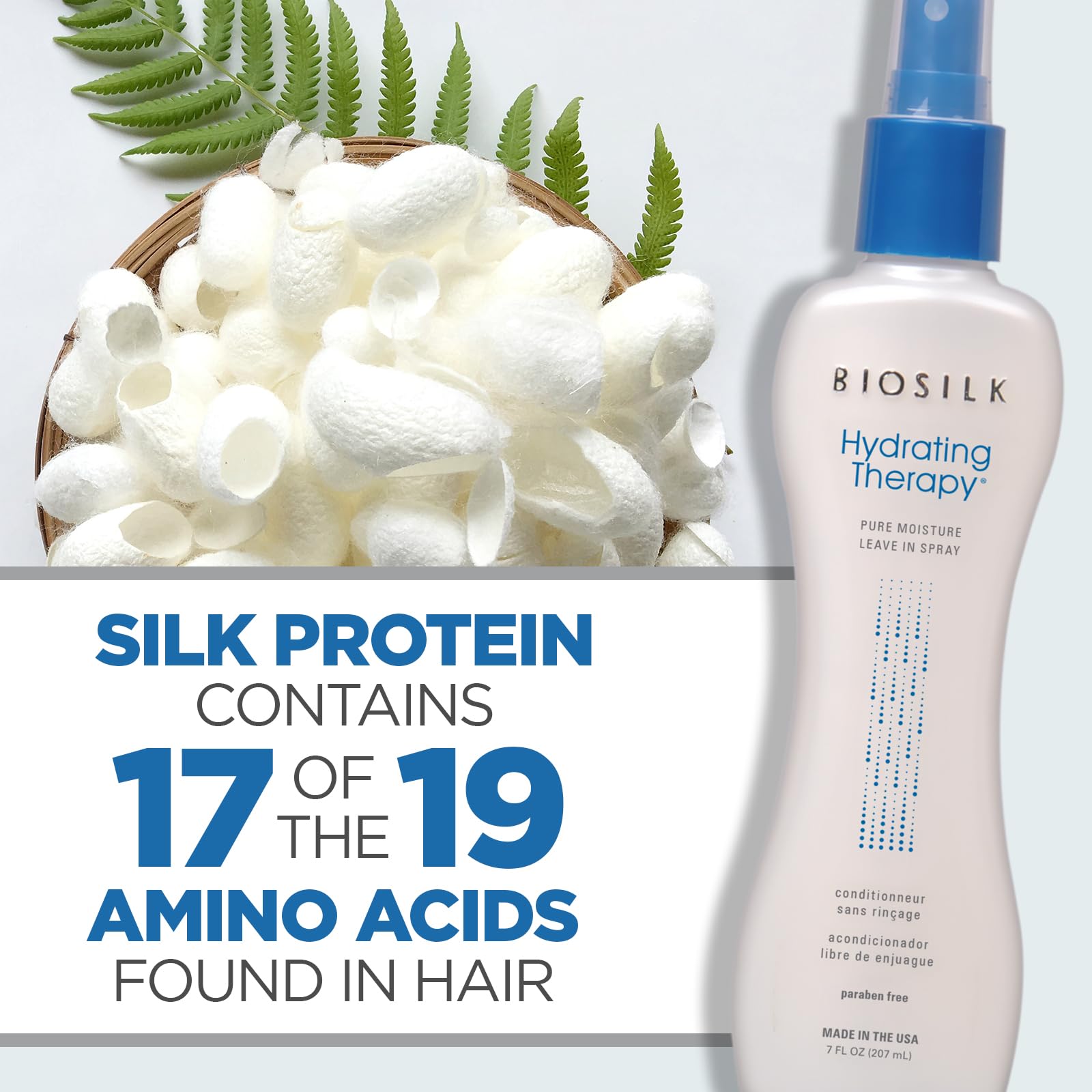 BioSilk Pure Moisture Leave-In Hair Spray in 7 oz bottle, lightweight hair care spray for moisture and shine.