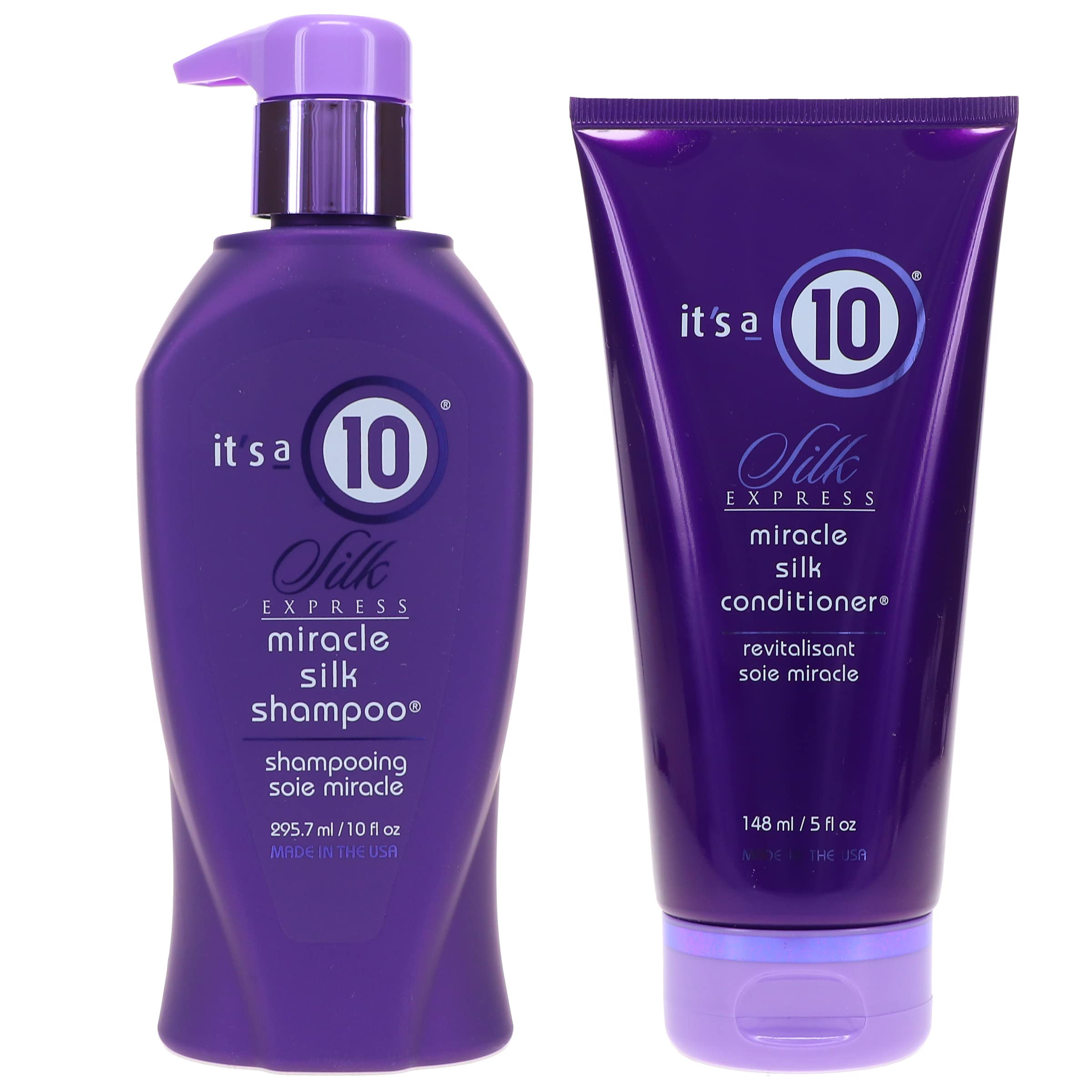 It's a 10 Haircare Miracle Silk Shampoo and Conditioner set, featuring bottles of hair cleaner and conditioner with sleek packaging.