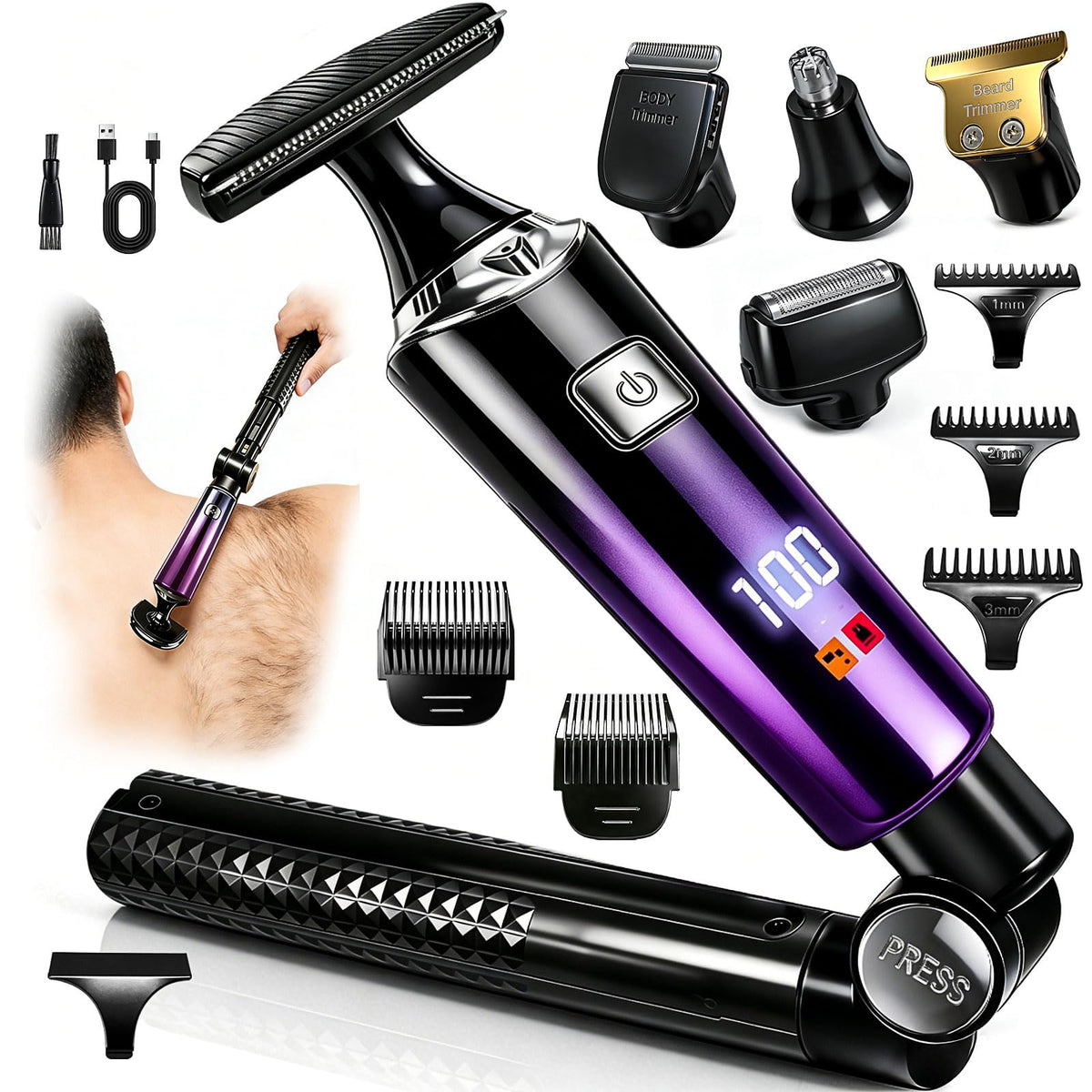 Sodaer Back Shaver for Men, 5 in 1 Mens Back Shaver with Adjustable Long Handle – Purple, Stainless Steel