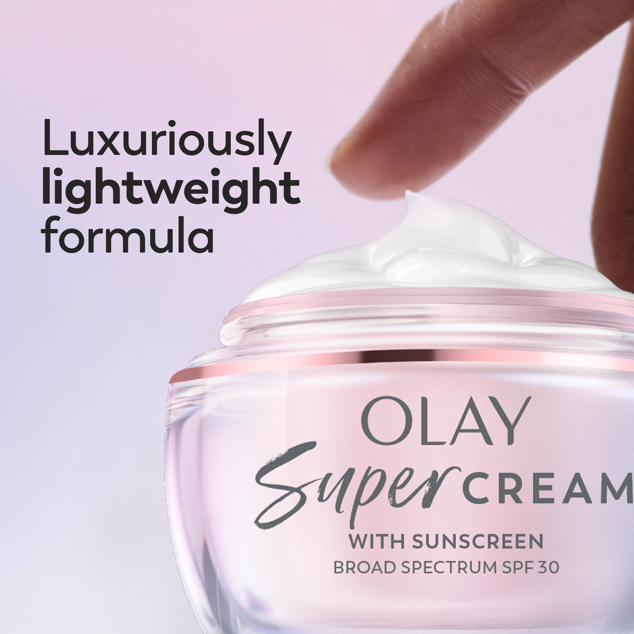 Olay Super Cream Sunscreen SPF 30 in 1.7 oz with lightweight face moisturizer, hydrating, brightening, and firming skincare benefits.