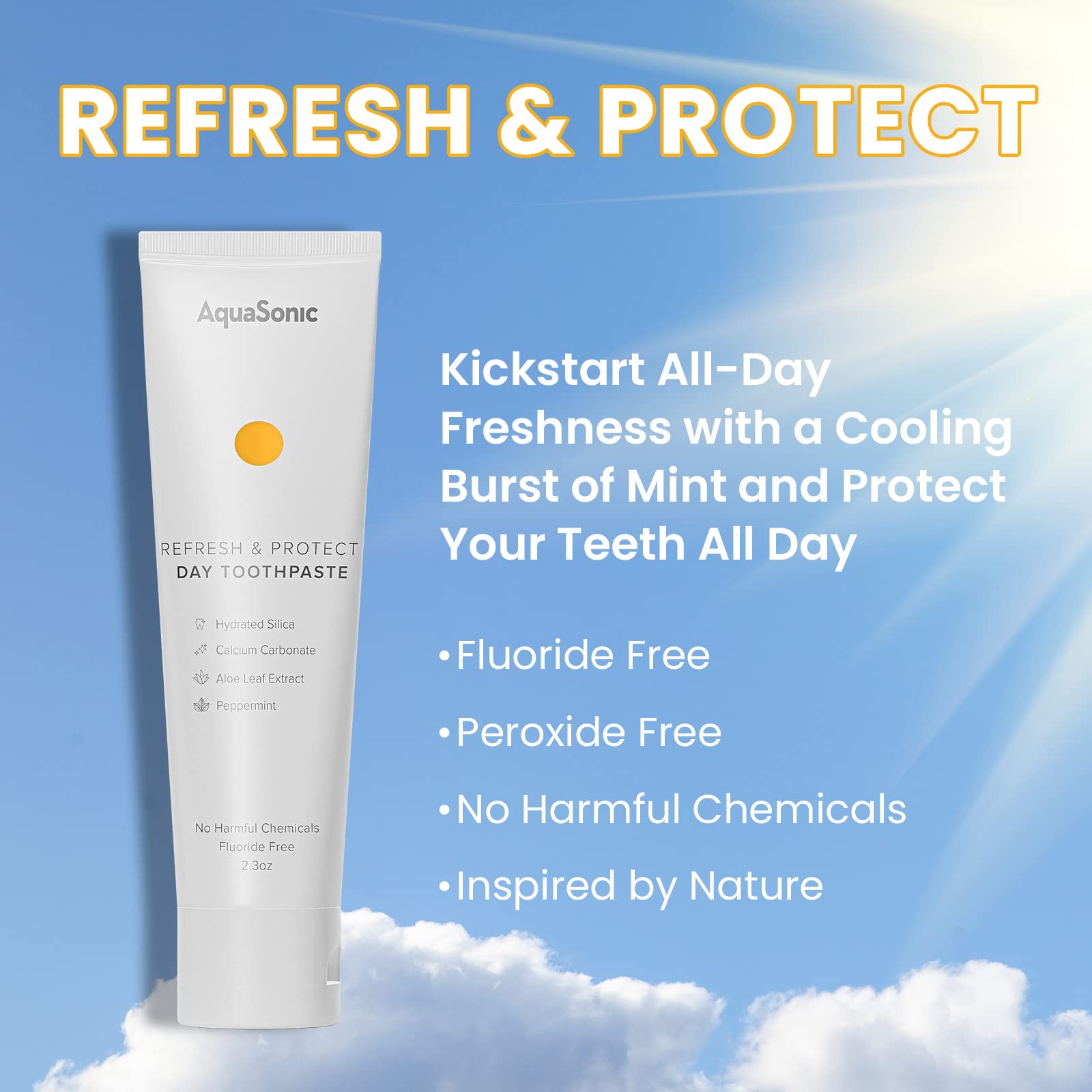 AquaSonic Complete Care Toothpaste with natural fluoride-free formula for day and night whitening, anti-cavity, and plaque protection