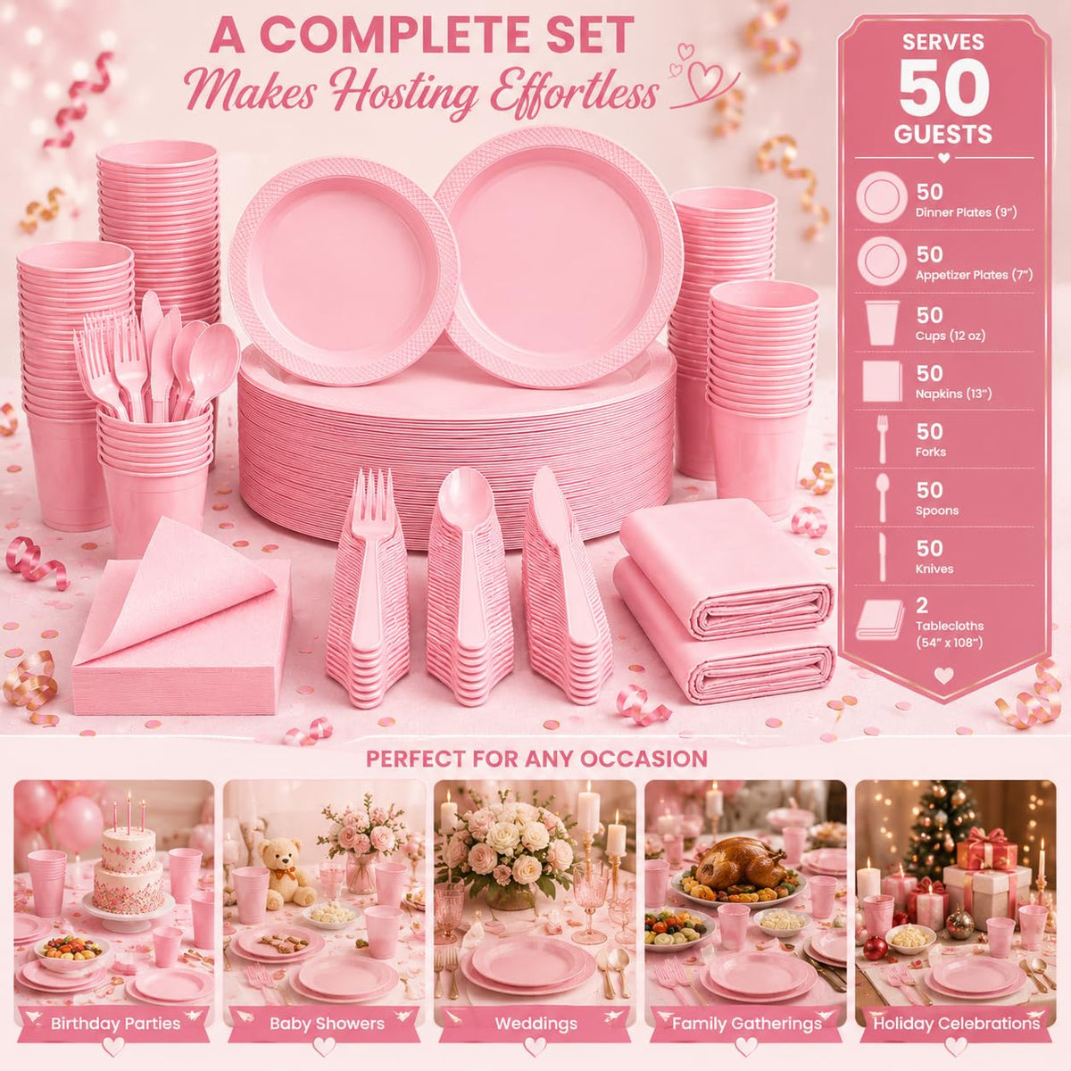 Tinybee 352 Pcs Pink Plastic Plates, Disposable Dinnerware Set for 50 – back view and specifications