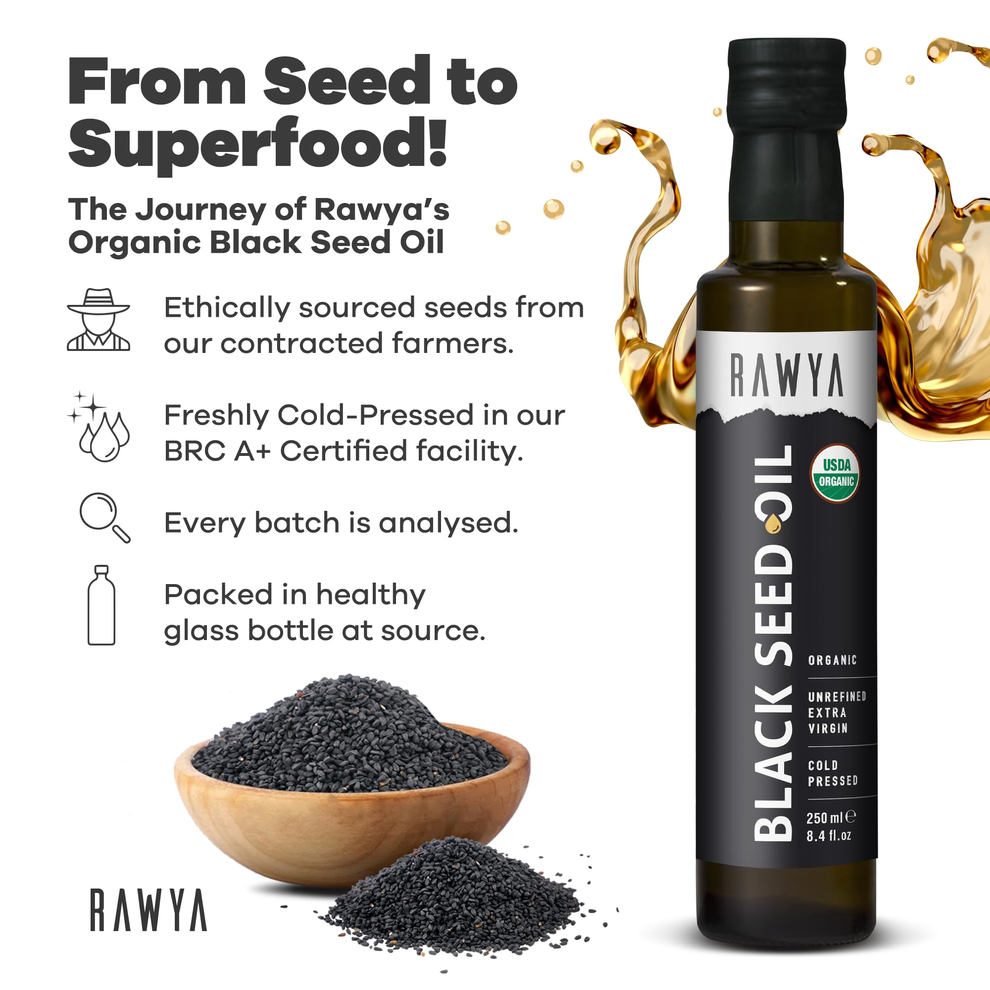 RAWYA Black Seed Oil - Organic Cold Pressed Nigella Sativa - Turkish Origin - USDA Organic, 2 Pack