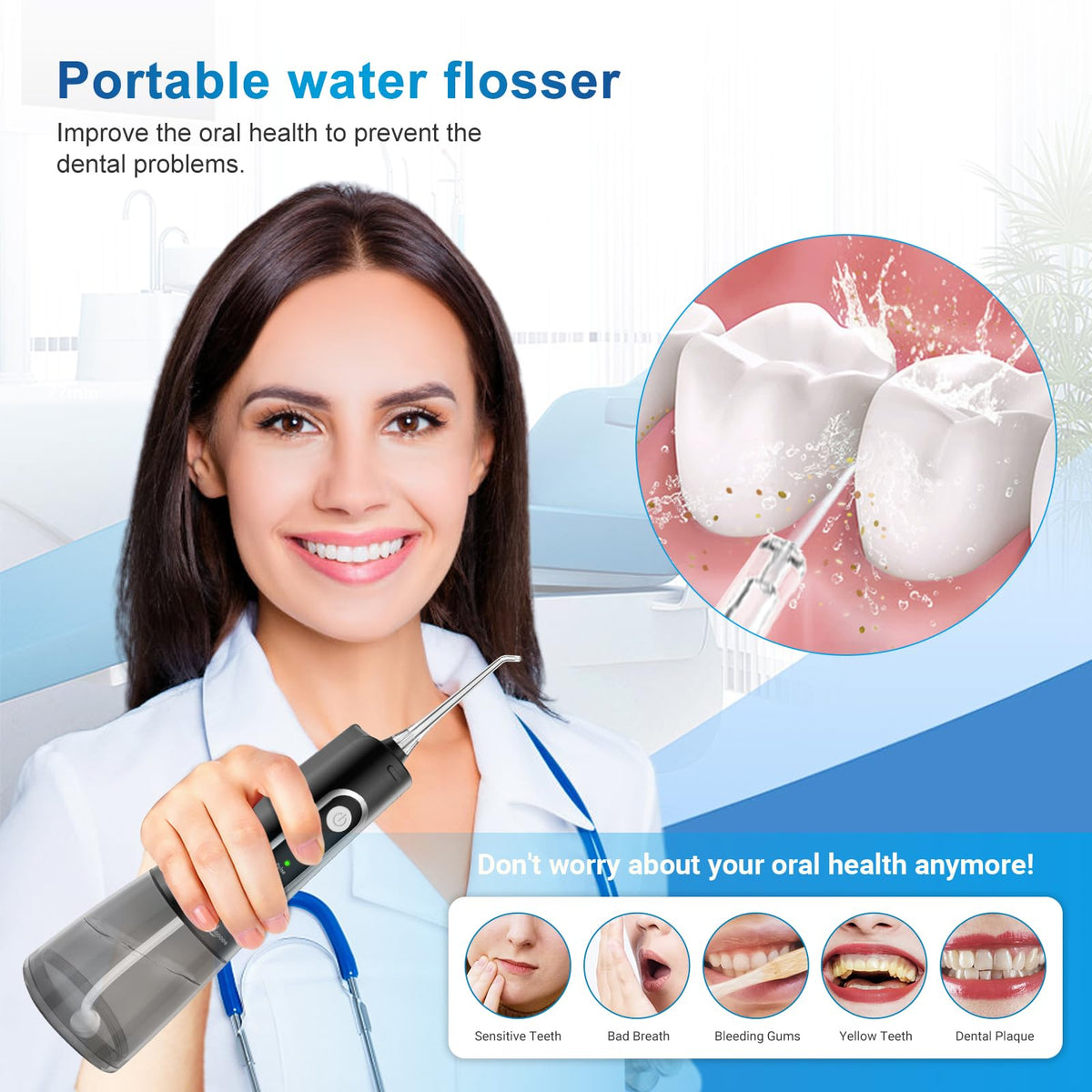 JNGOODS Cordless Water Dental Flosser Oral irrigator,JNGOODS 300ml Rechargeable Water flosser for Teeth IPX7 Waterproof 