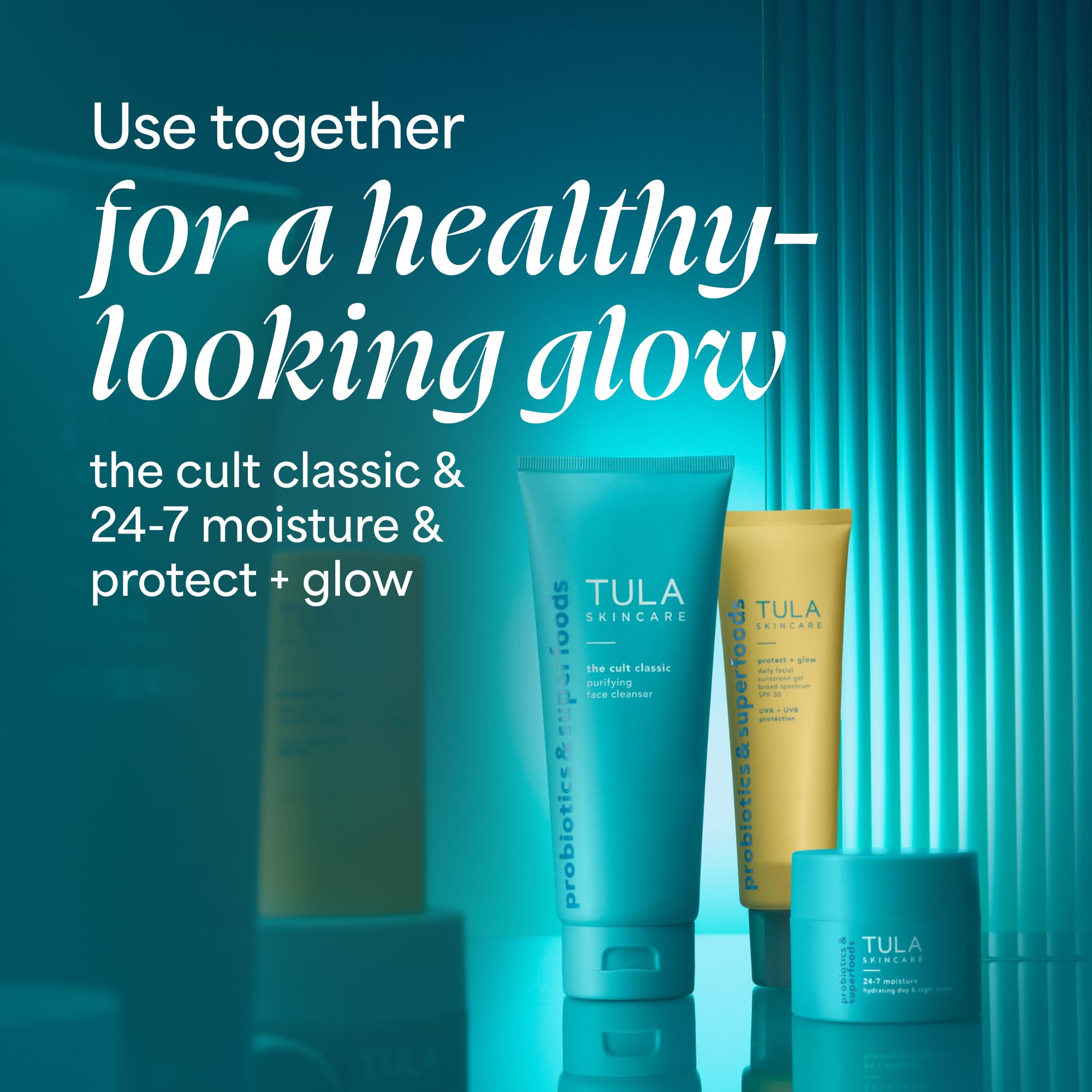 TULA Protect + Glow SPF 30 daily sunscreen gel in a 1.7oz tube, providing sun protection and a radiant glow.