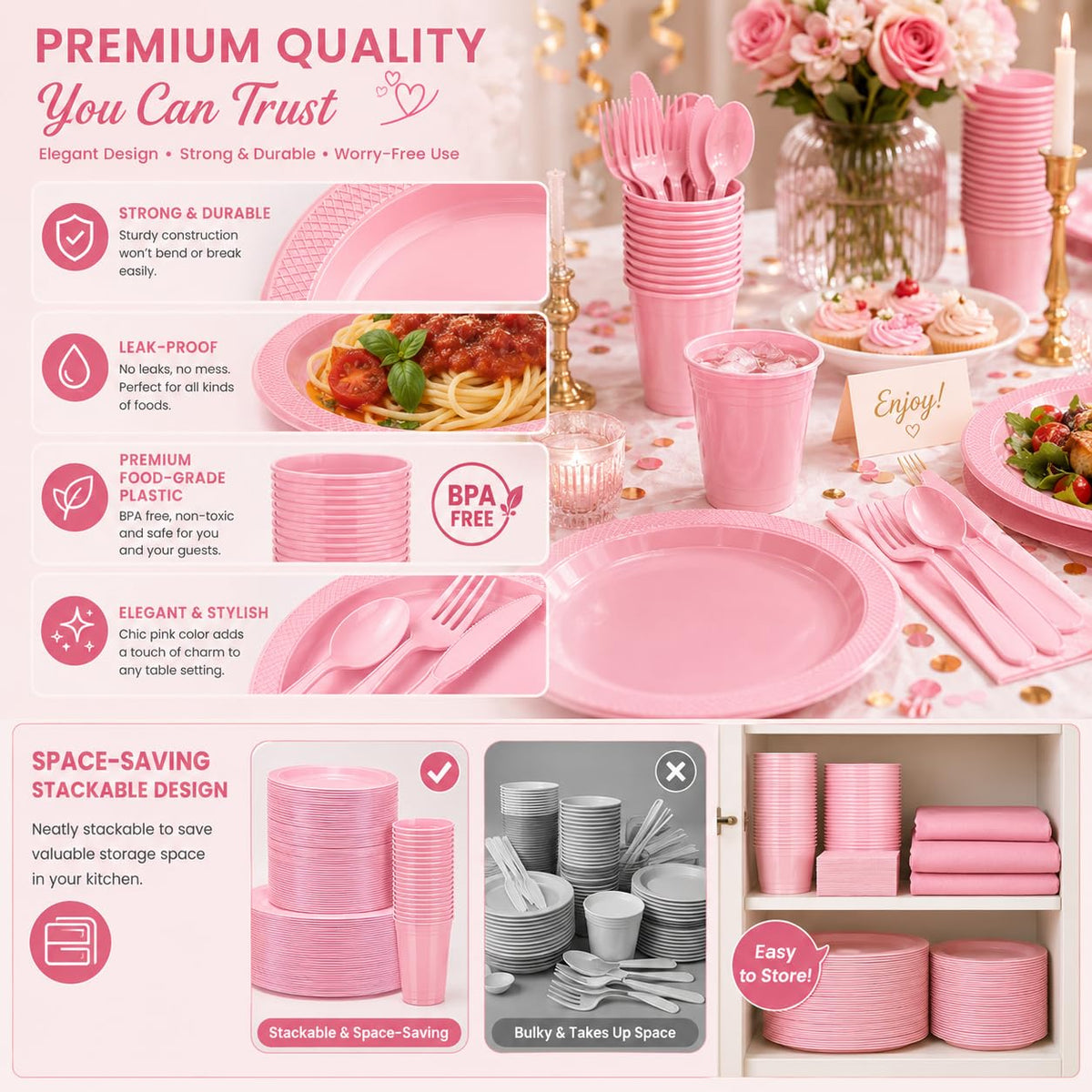 Tinybee 352 Pcs Pink Plastic Plates, Disposable Dinnerware Set for 50 – full view
