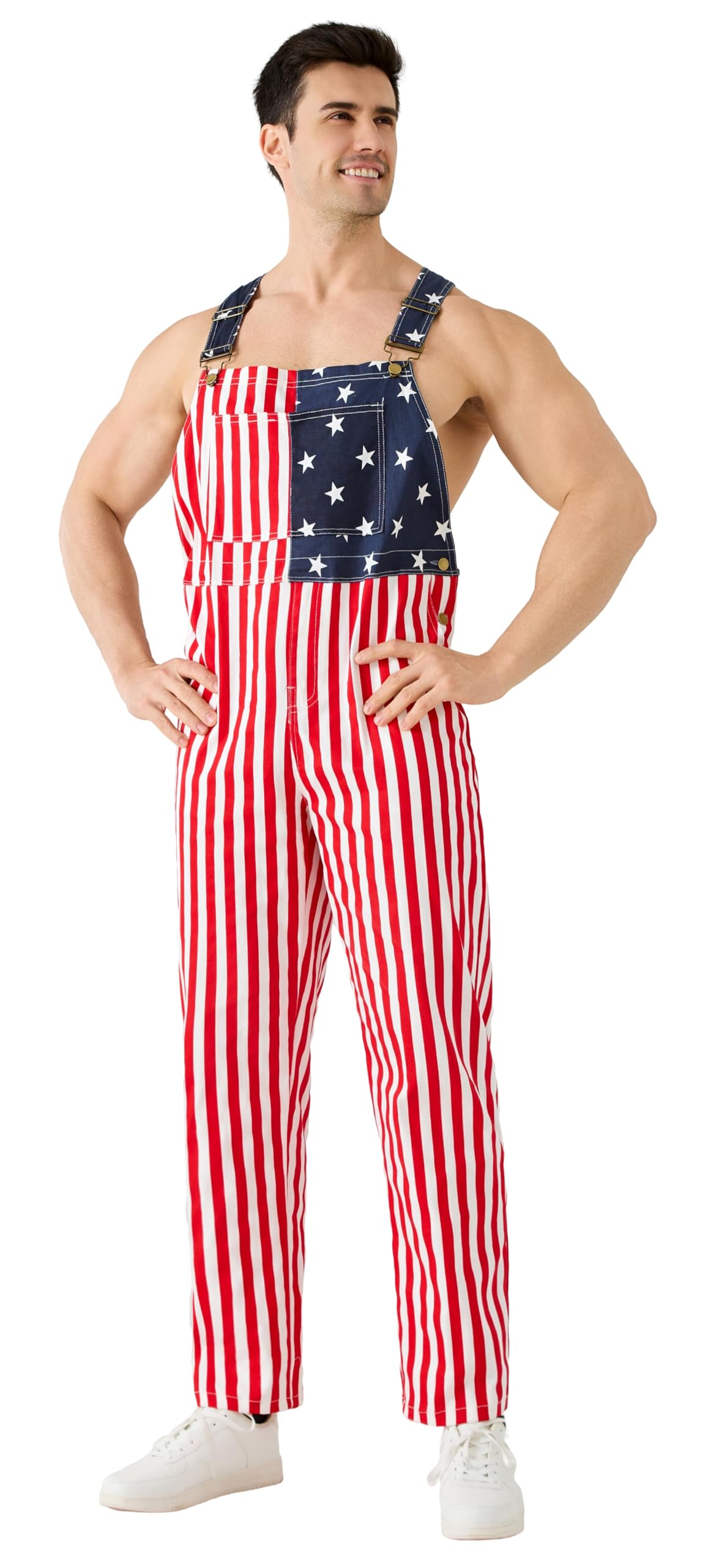 Maxim Party Supplies American Flag Overalls for Men, USA Stars & Stripes Bib Jumpsuit, 5 Pockets – close-up detail in Re