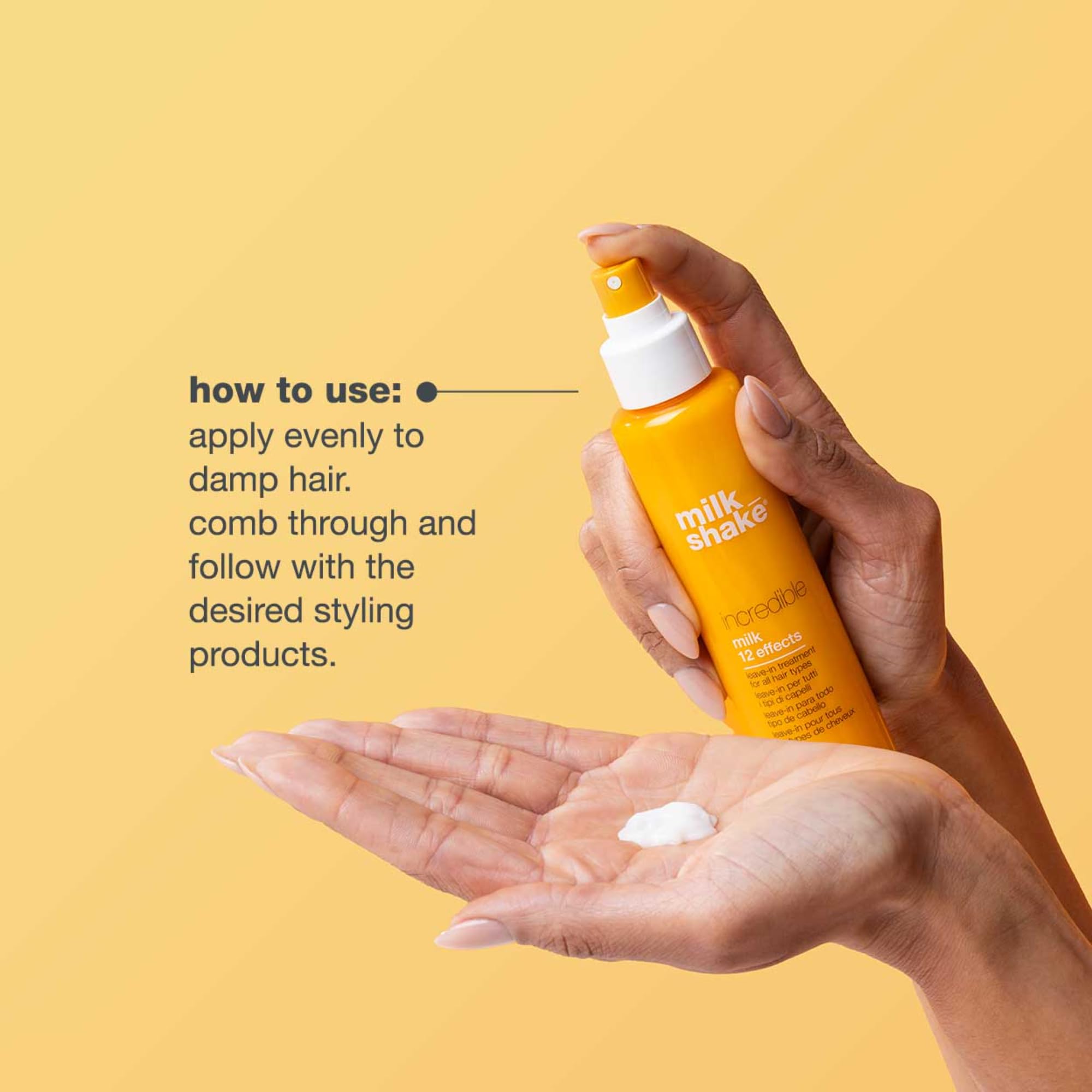 milk_shake Incredible Milk Leave-In Treatment conditioner bottle showing 12 benefits and 5.1 fl oz size in a sleek design