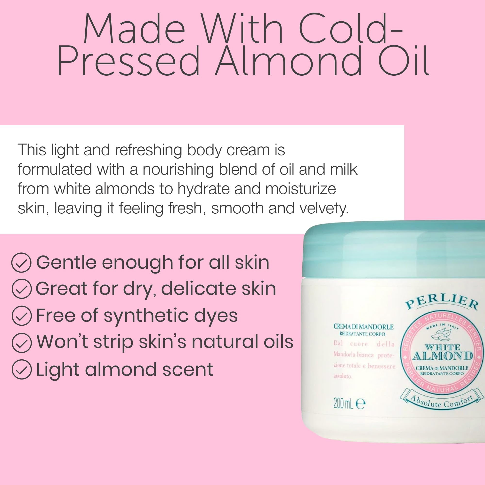 Perlier White Almond Body Cream with sweet almond oil, 6.7 oz, moisturizing skin care product with creamy texture.
