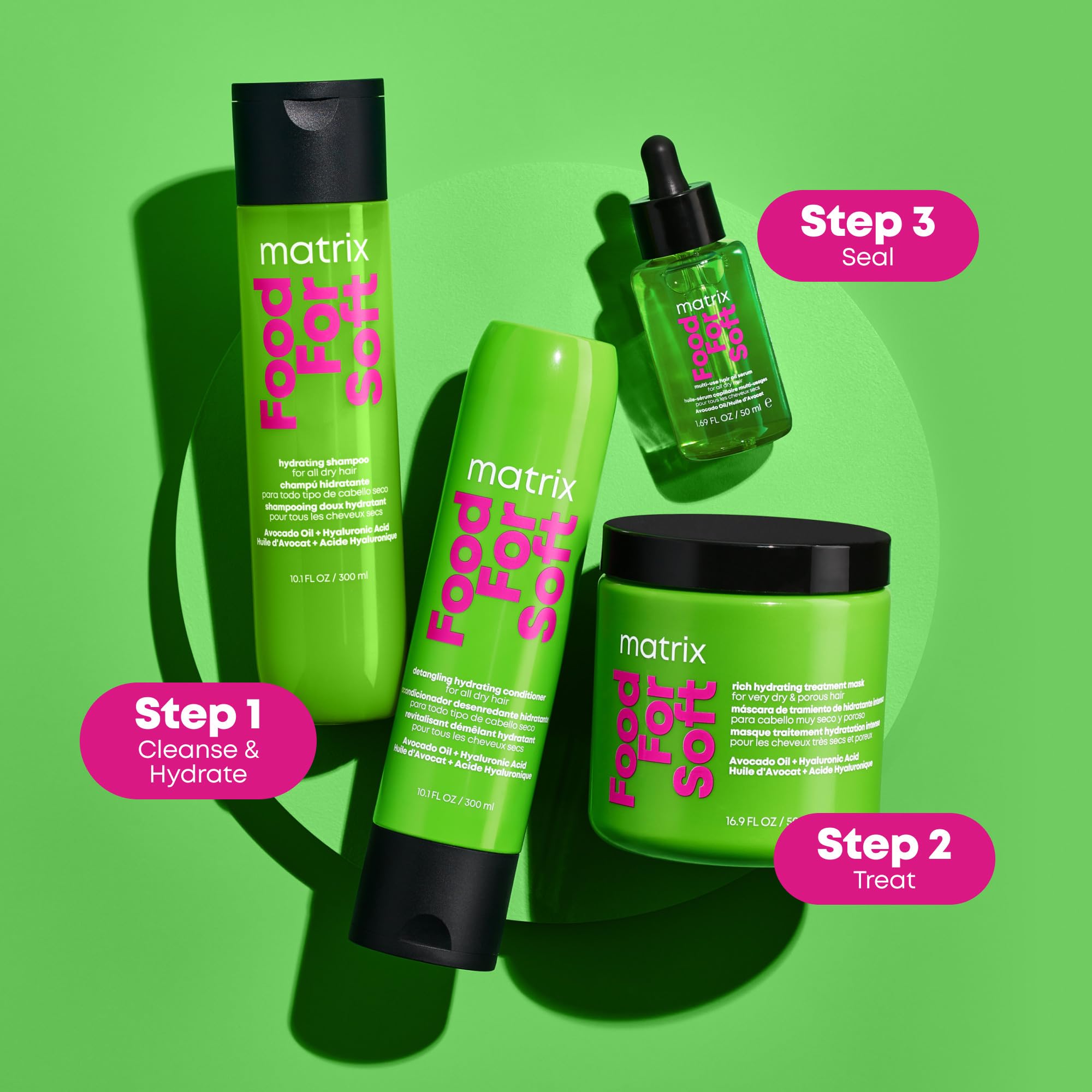 Matrix Food For Soft Hair Serum Oil for dry hair, 3 oz, showcasing the lightweight bottle and nourishing hair serum inside.