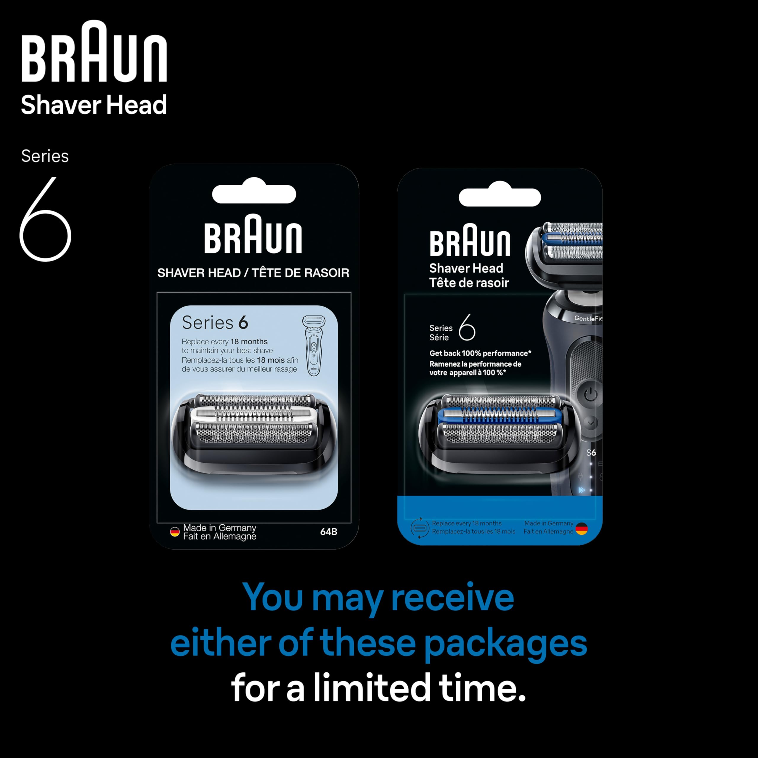 Braun Series 6 Electric Shaver Replacement Head with Sensitive Skinguard, Easily Attach Your Shaver Head, Compatible with New Generation Series 6 Shavers, 64B, Black