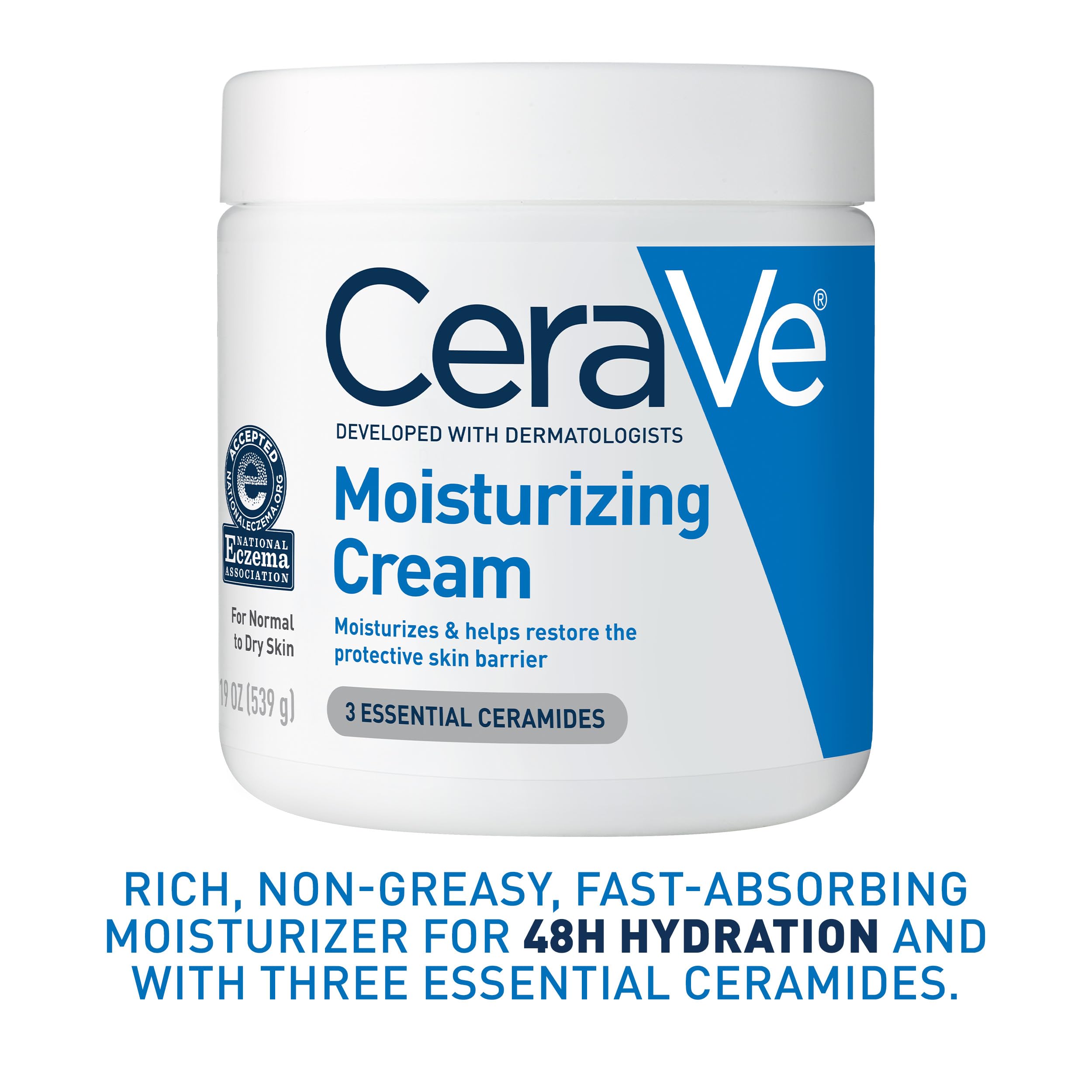 CeraVe Moisturizing Cream 19oz jar for dry skin, suitable for face and body, with hydrating, fragrance-free formula.