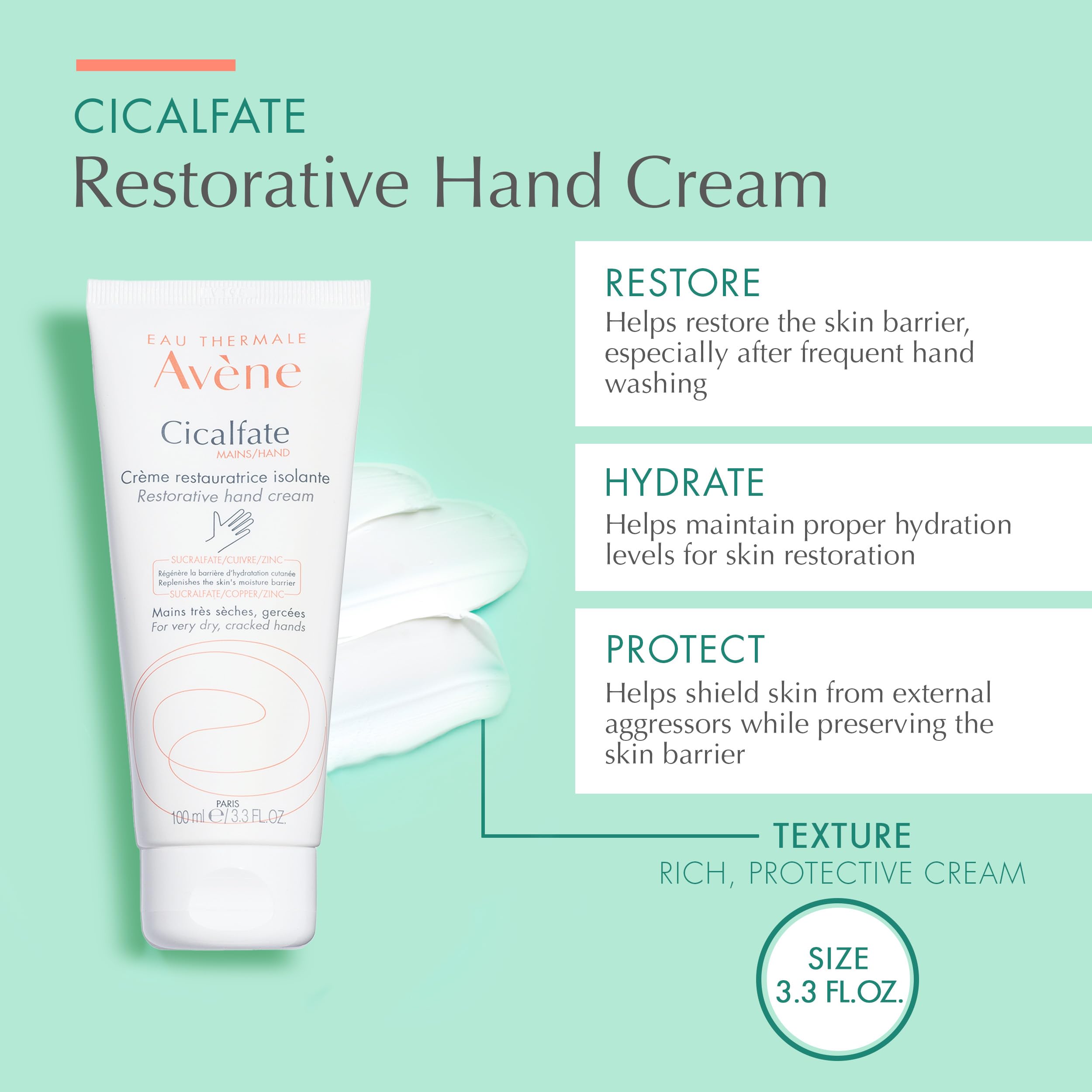 Avène Cicalfate Restorative Hand Cream in 3.3 oz tube, moisturizing and healing dry cracked skin with soothing formula