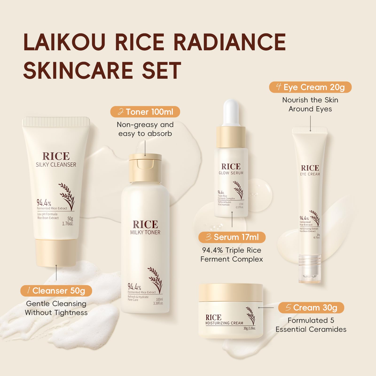 LAIKOU Rice Korean skincare set with five product bottles, ideal for nourishing and hydrating skin care routines.
