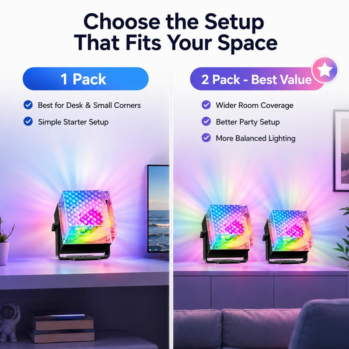 BUCLHOZ 2 Pack Party Lights, Disco LED Lights Sound Activated with Remote Controls, Dual Strobe Mood Lighting for Indoor