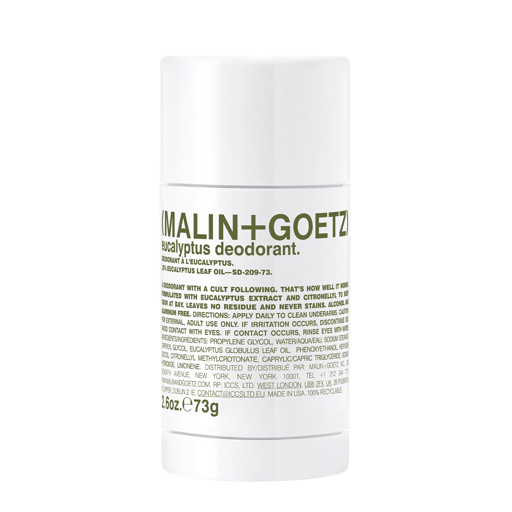MALIN+GOETZ eucalyptus deodorant in 2.6 oz stick, natural body deodorant with fresh eucalyptus scent, shown in the image.