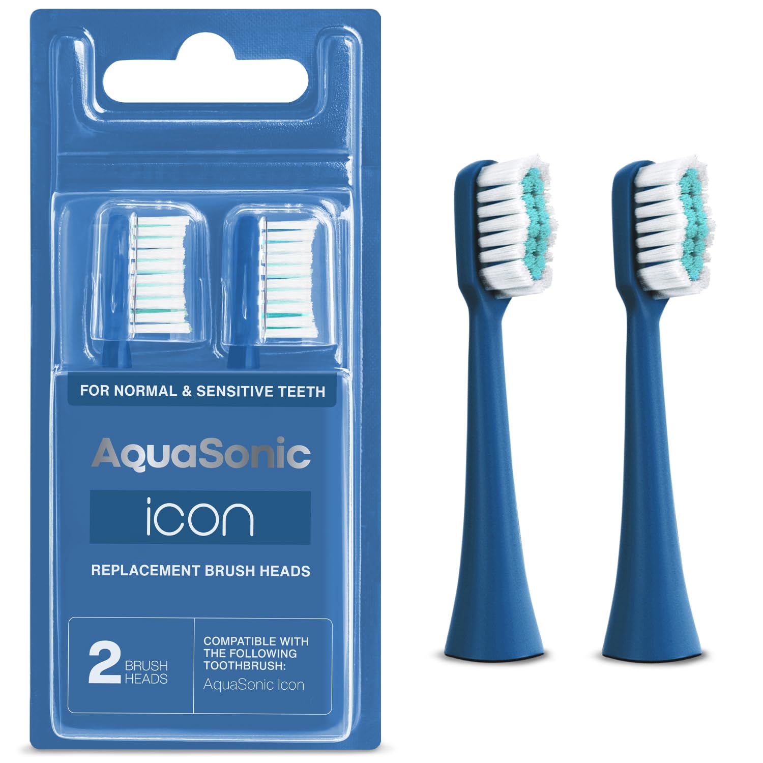 Two AquaSonic genuine Icon replacement toothbrush heads for normal and sensitive teeth, compatible with AquaSonic Icon toothbrush.