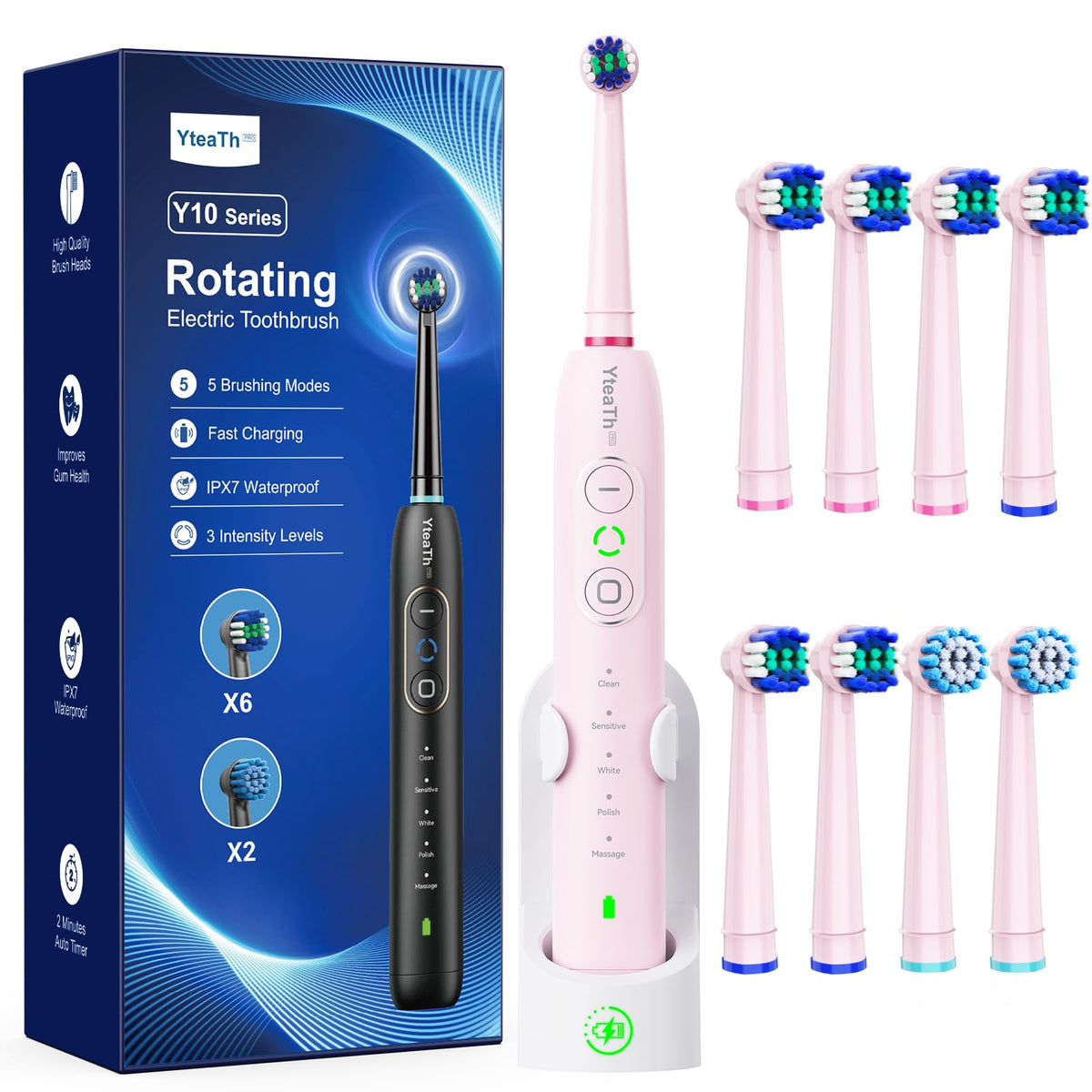 YTEATH PRO Rotating Electric Toothbrush with 8 Brush Heads (2 Types) for Adults – product photo (Rotating)
