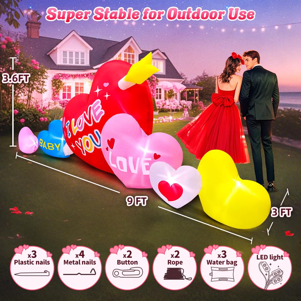 KOOY 9FT Mothers Day Inflatables Outdoor Decorations, Valentine Blow Up Inflatable Hearts Decoration, Love Inflatable Va