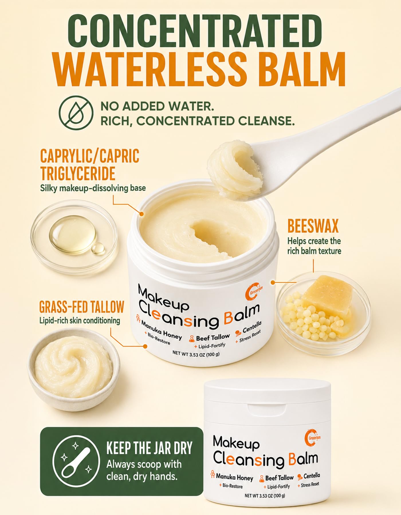 Grocerism Makeup Remover Cleansing Balm with Manuka Honey & Tallow, 3.53 oz