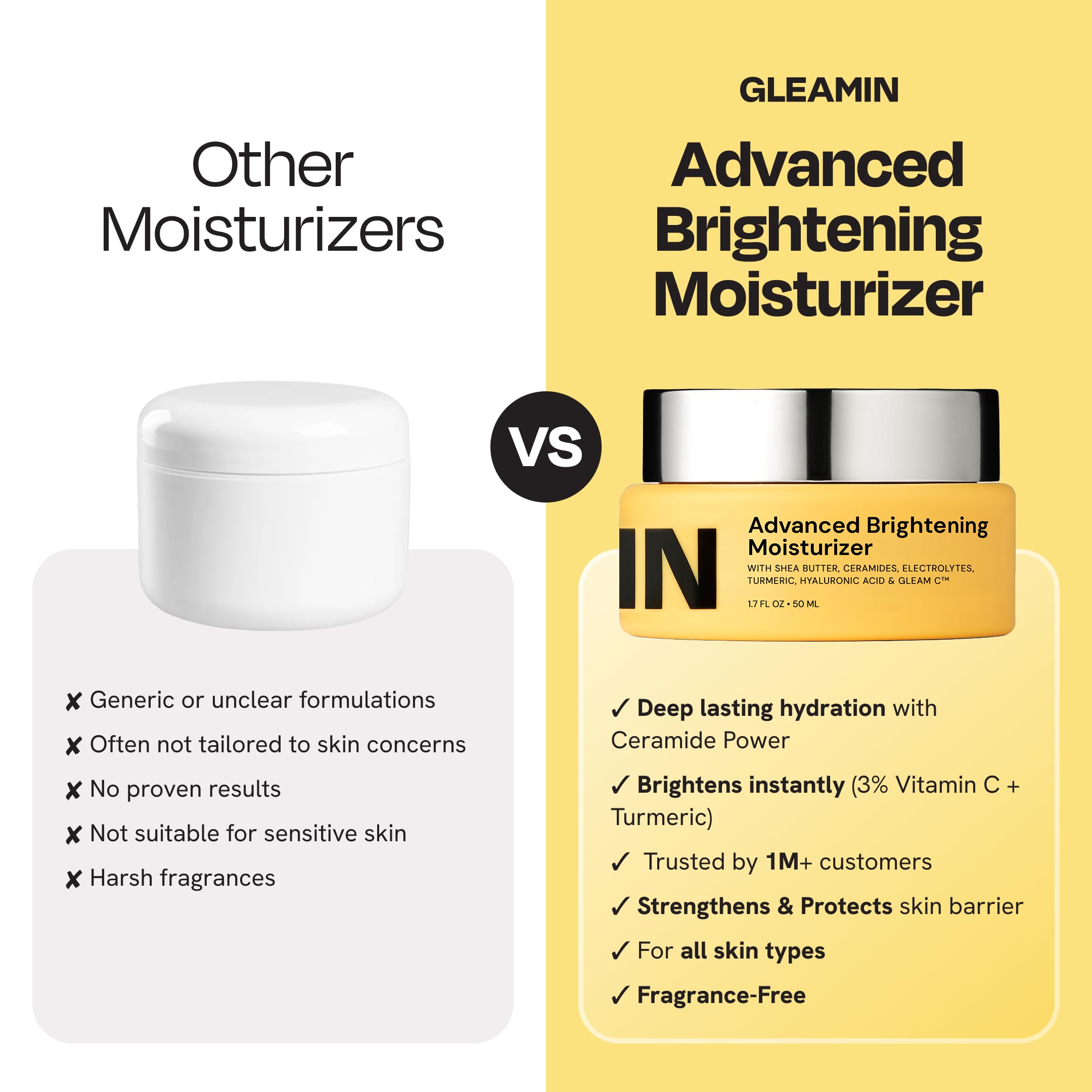 Gleamin Brightening Face Moisturizer in 1.7 fl oz bottle, featuring a sleek design and clear label, ideal for glowing skin.